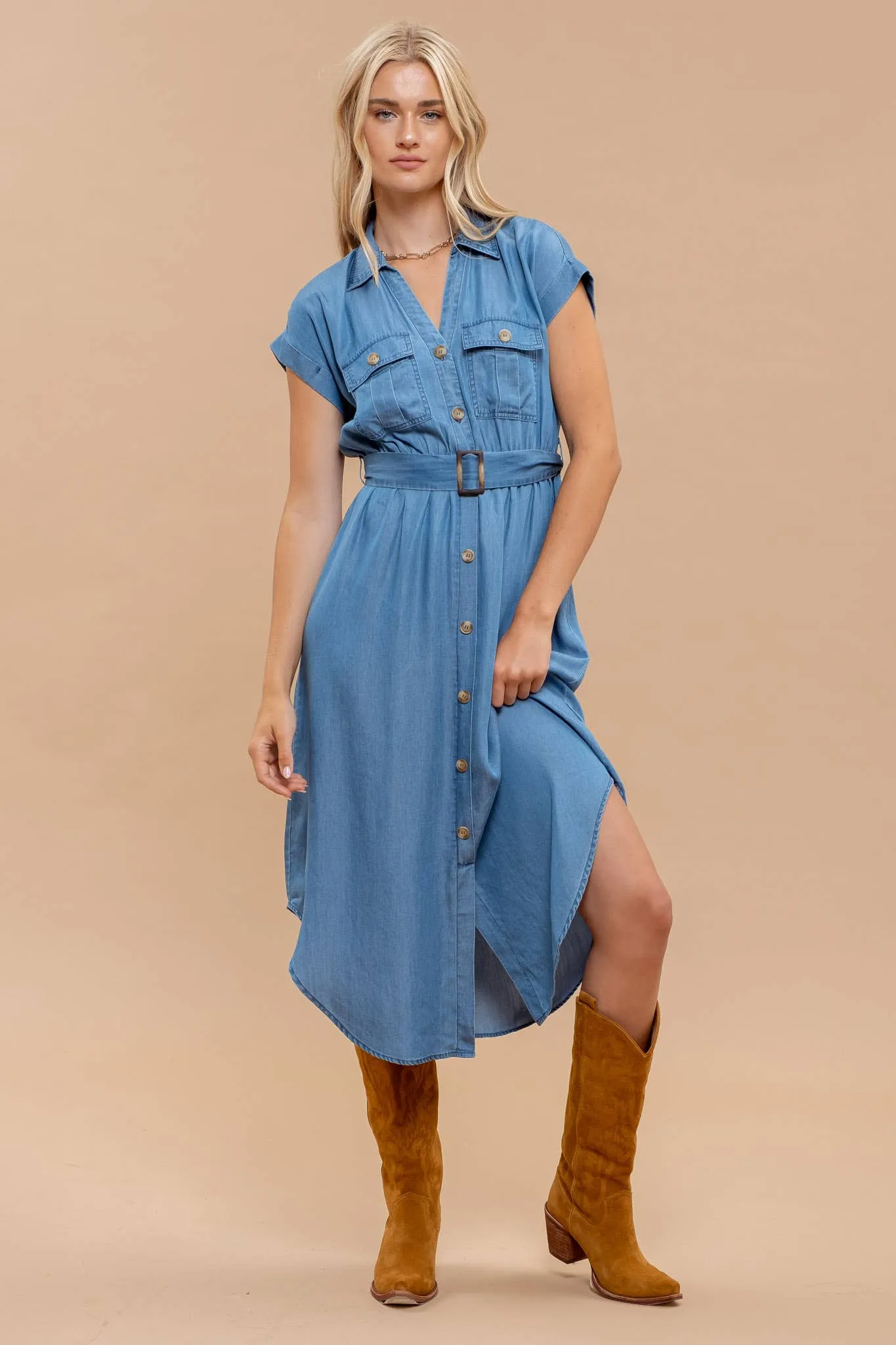 Blu Pepper Chambray Collared Button Down Belted Midi Dress CR2376