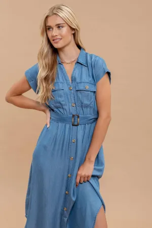 Blu Pepper Chambray Collared Button Down Belted Midi Dress CR2376