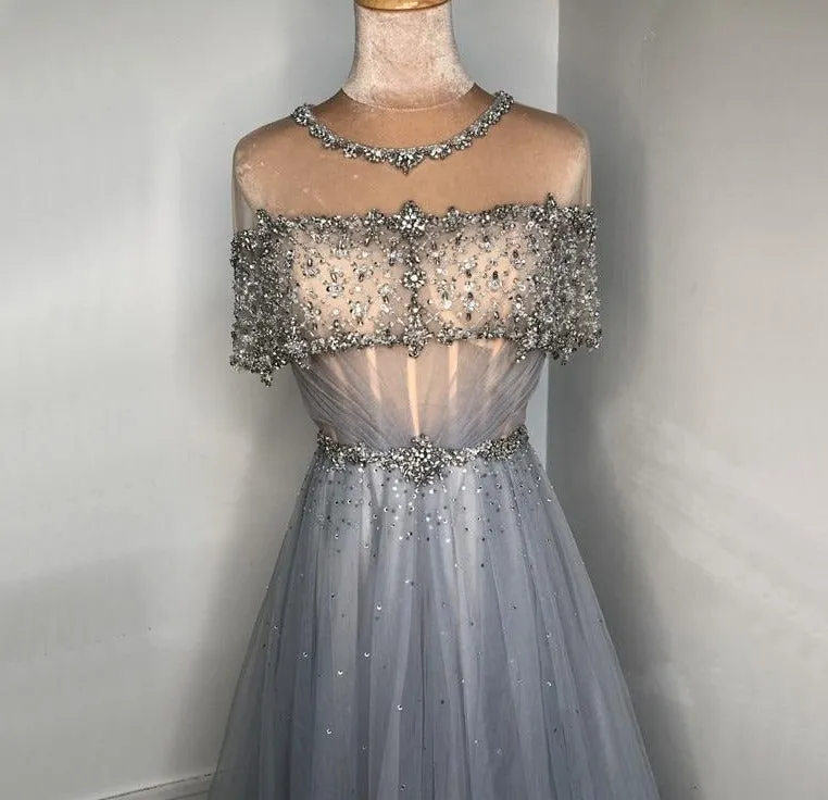 Blue O-Neck Diamond Sequins Sexy Evening Dress