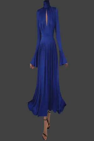 Blue Peep Front Fluted Sleeve Pleated Turtleneck Dress
