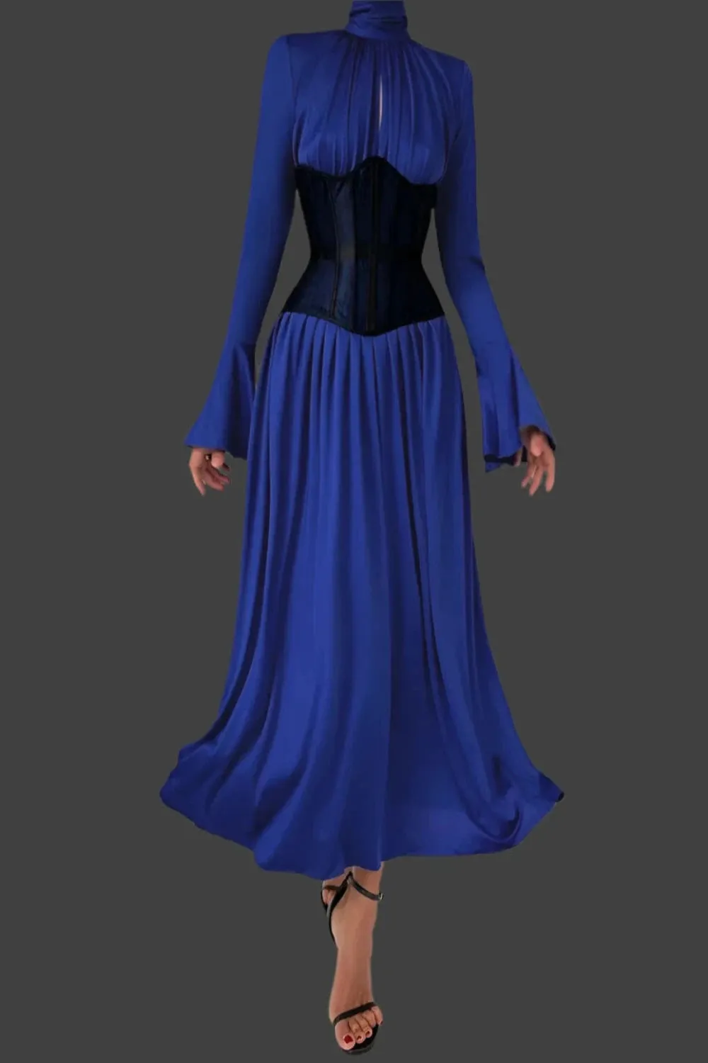 Blue Peep Front Fluted Sleeve Pleated Turtleneck Dress