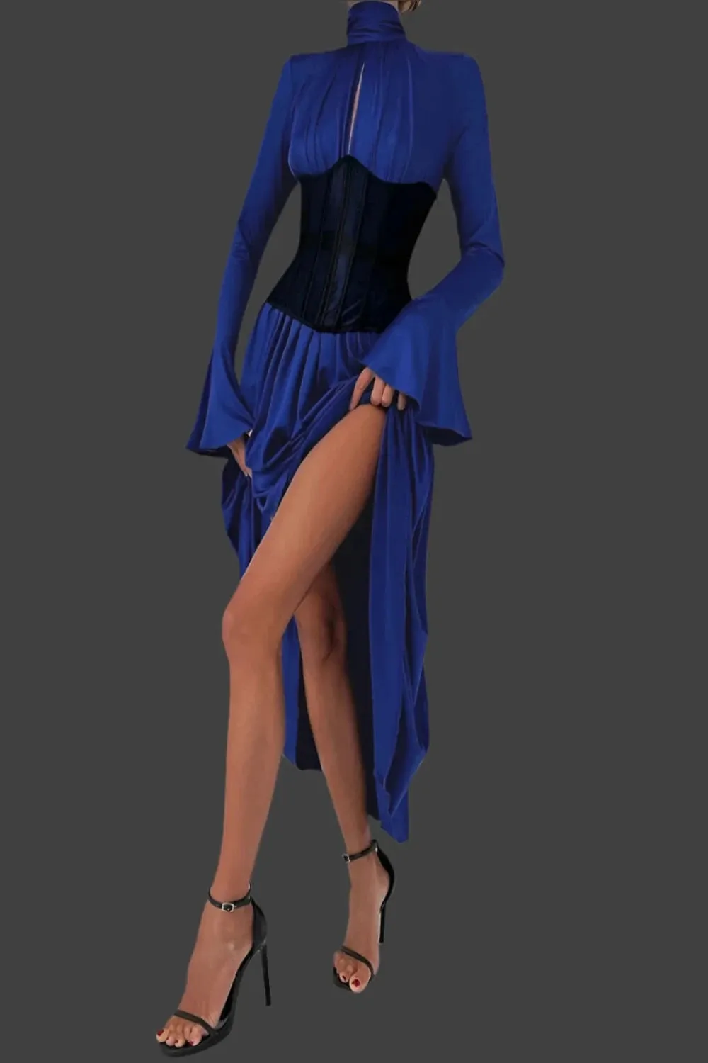 Blue Peep Front Fluted Sleeve Pleated Turtleneck Dress