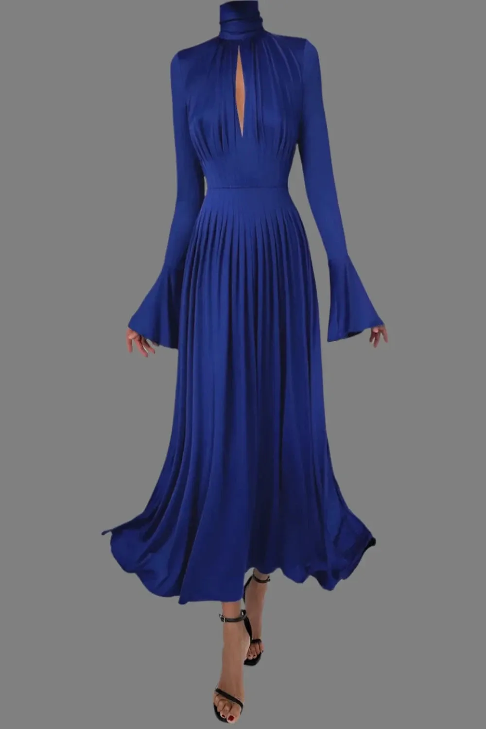 Blue Peep Front Fluted Sleeve Pleated Turtleneck Dress