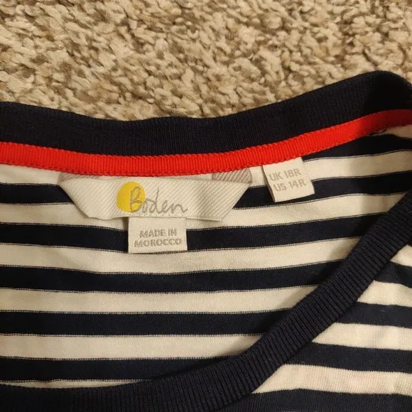 Boden Women's Maxi Dress Blue White Stripe Size 14R Short Sleeve Crew Neck.