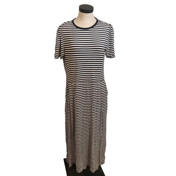 Boden Women's Maxi Dress Blue White Stripe Size 14R Short Sleeve Crew Neck.