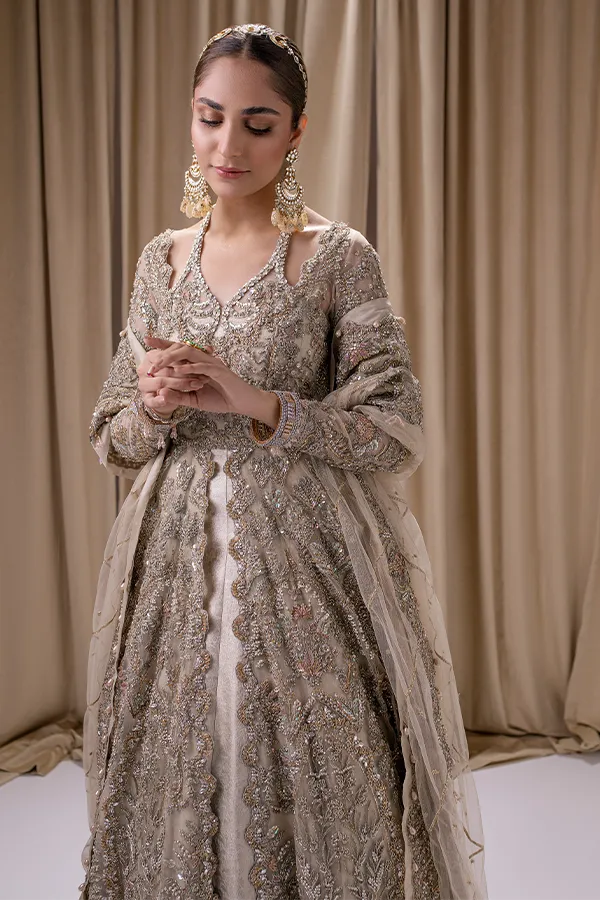Bridal Lehenga in Jamawar with Front Open Pakistani Wedding Gown and Ivory Dupatta Dress