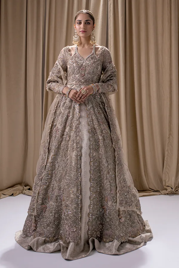 Bridal Lehenga in Jamawar with Front Open Pakistani Wedding Gown and Ivory Dupatta Dress