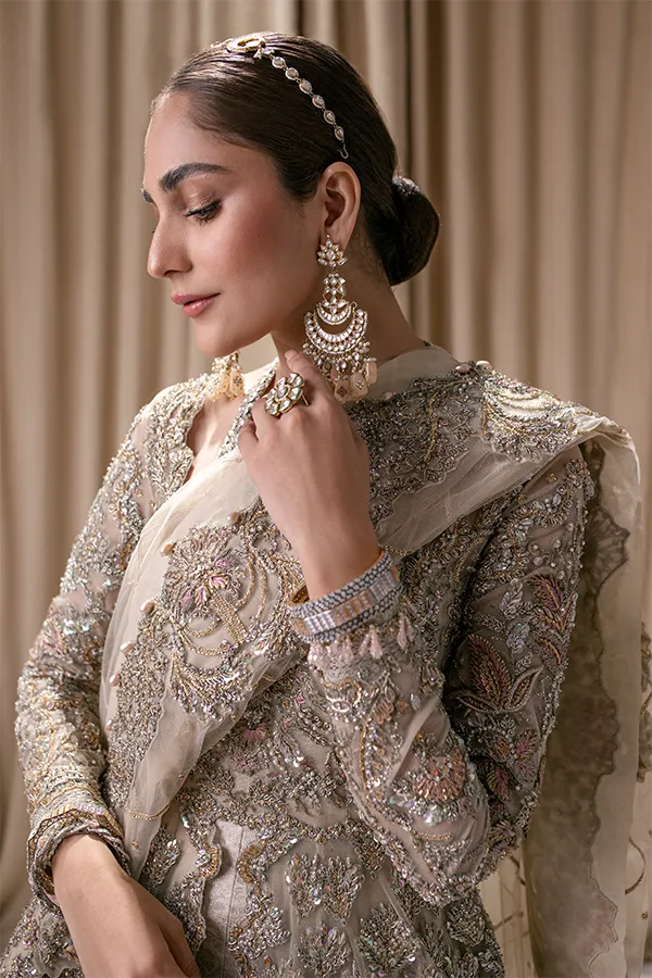 Bridal Lehenga in Jamawar with Front Open Pakistani Wedding Gown and Ivory Dupatta Dress