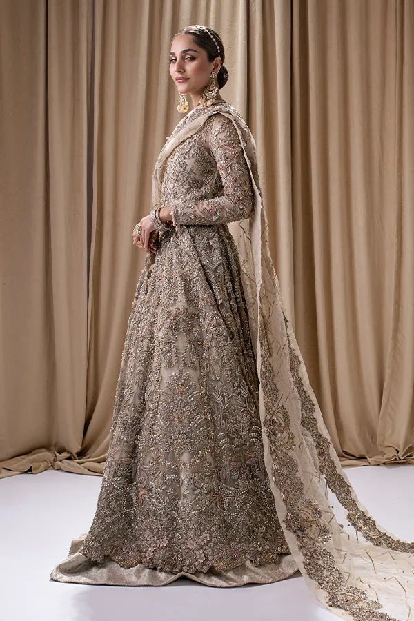 Bridal Lehenga in Jamawar with Front Open Pakistani Wedding Gown and Ivory Dupatta Dress