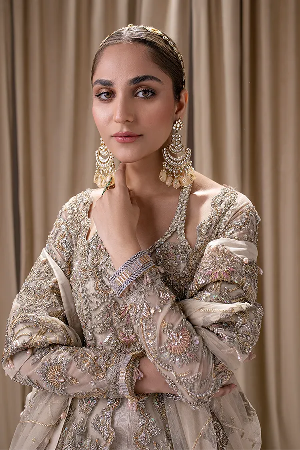 Bridal Lehenga in Jamawar with Front Open Pakistani Wedding Gown and Ivory Dupatta Dress