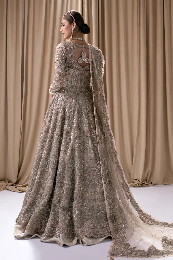 Bridal Lehenga in Jamawar with Front Open Pakistani Wedding Gown and Ivory Dupatta Dress