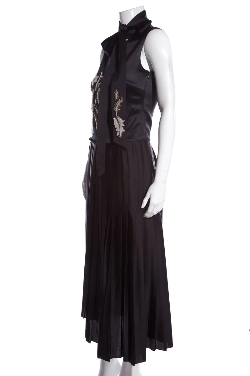 Burberry Black Satin Embellished Pleated Dress SZ 2