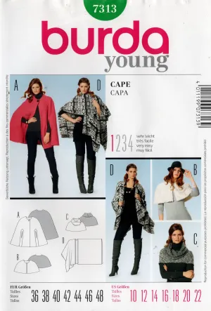 Burda Young 7313 Womens Shrugs Wrap & Capes Sewing Pattern Sizes 10 - 22 UNCUT Factory Folded