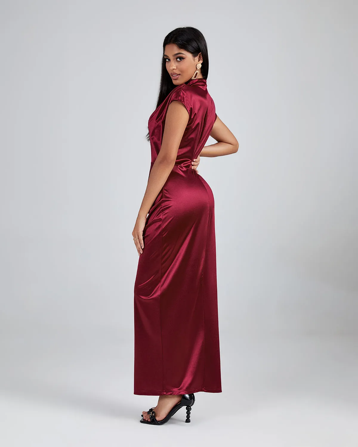 Burgundy High Neck Split Maxi Dress