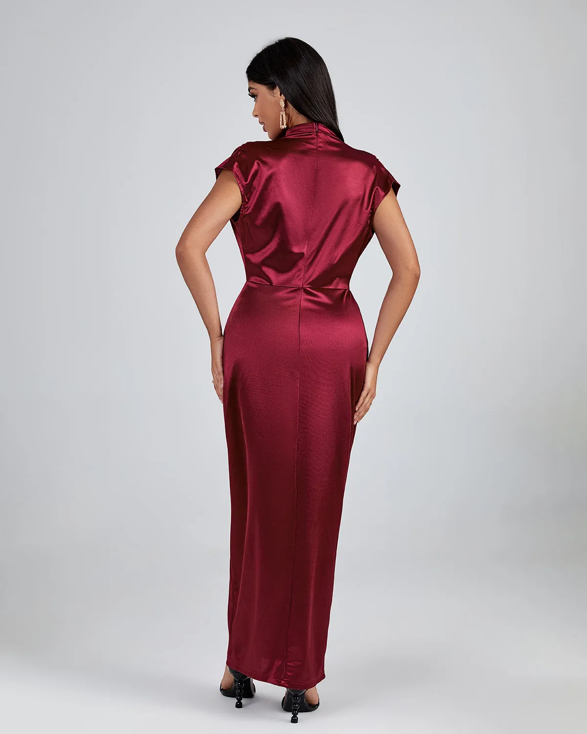Burgundy High Neck Split Maxi Dress