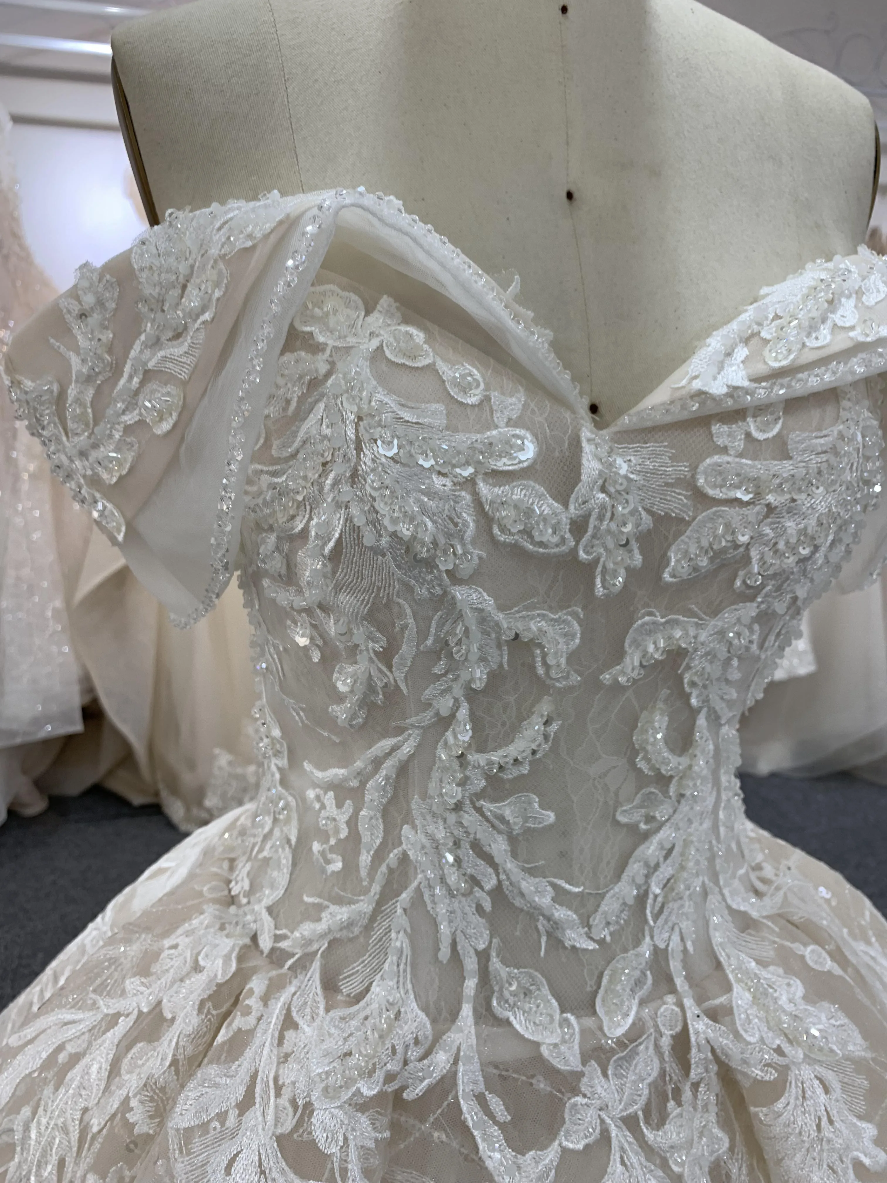 BYG beautiful full lace off the shoulder champagne wedding gown