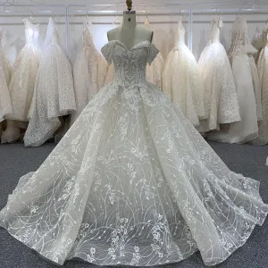 BYG beautiful full lace off the shoulder champagne wedding gown