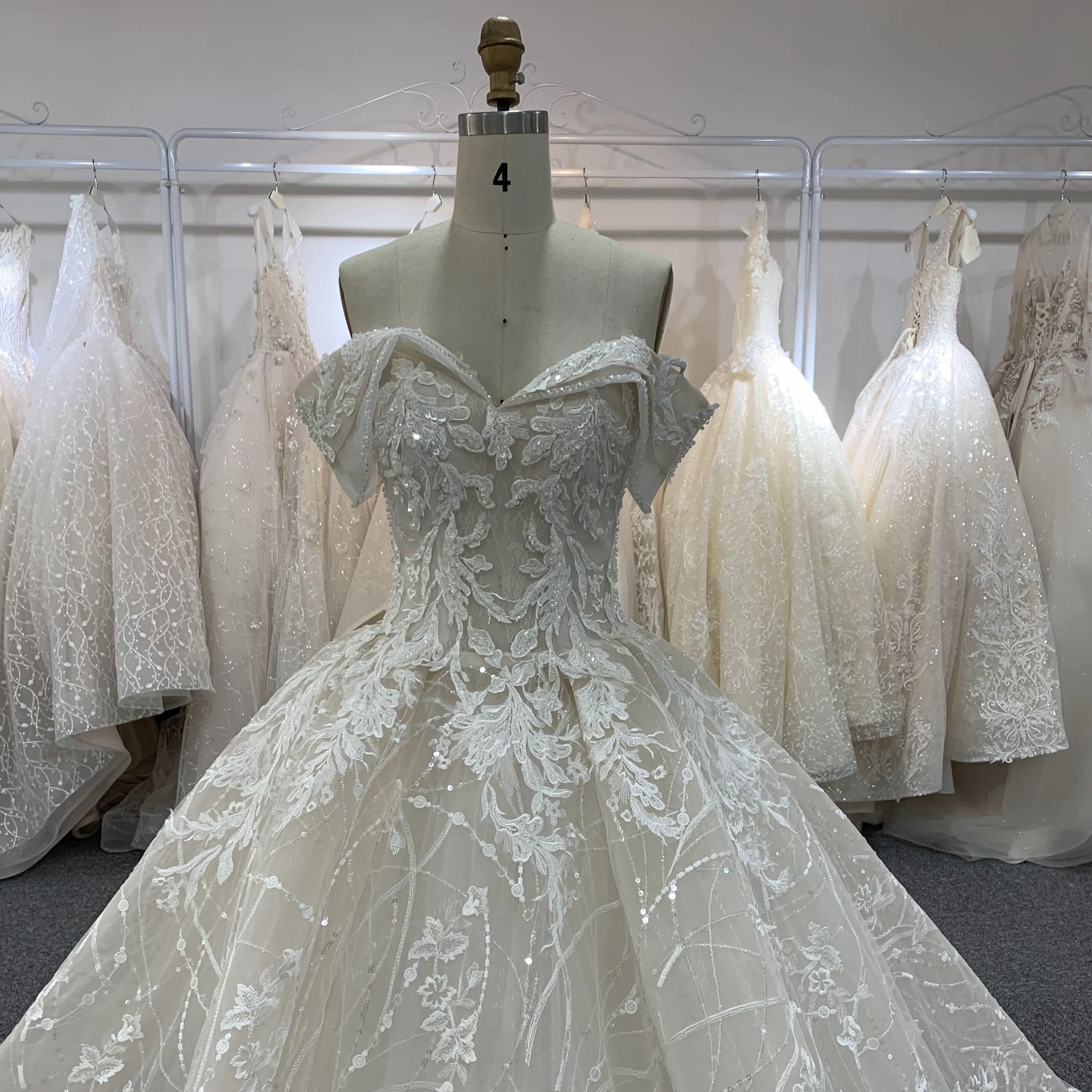 BYG beautiful full lace off the shoulder champagne wedding gown