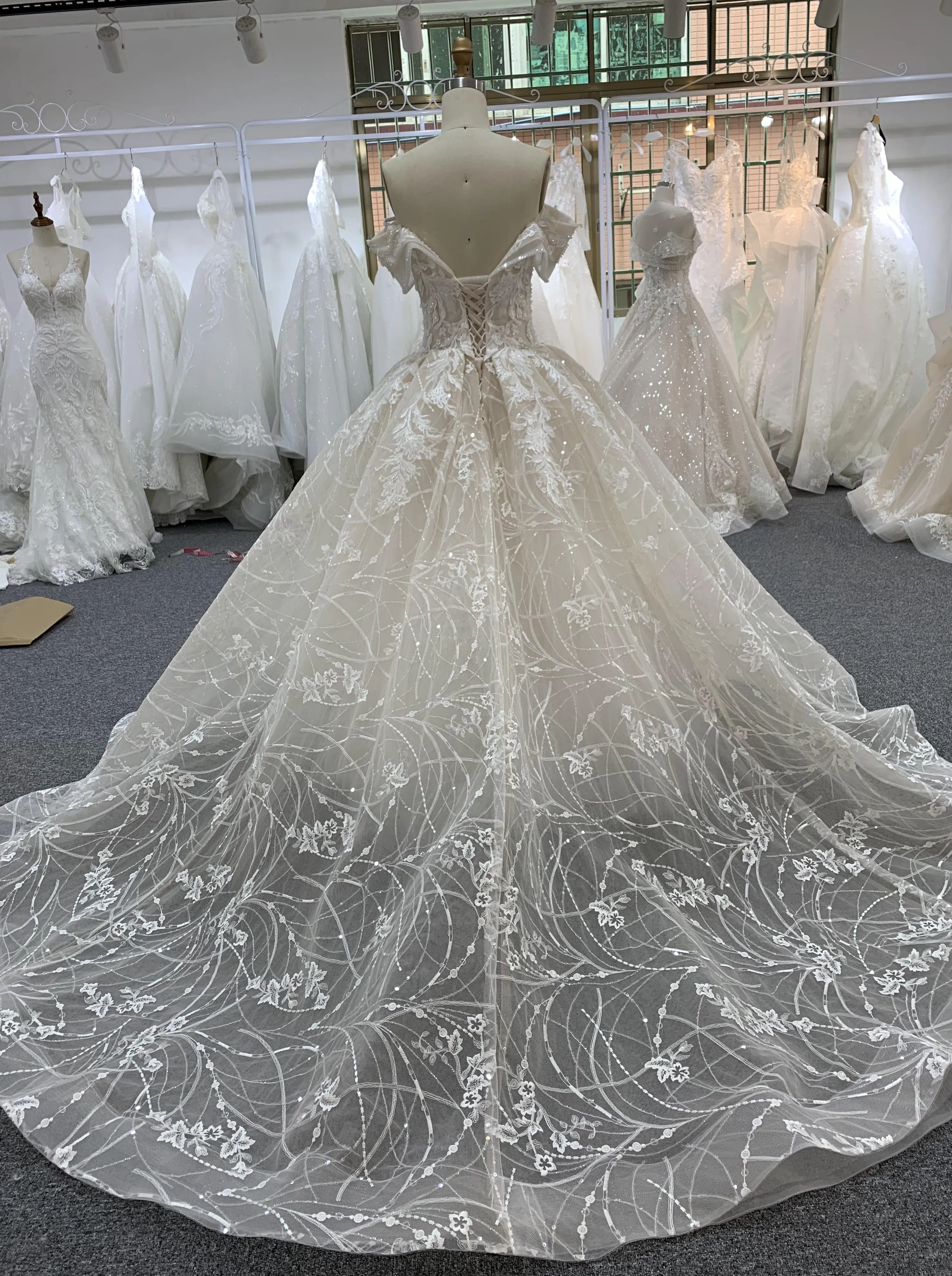 BYG beautiful full lace off the shoulder champagne wedding gown