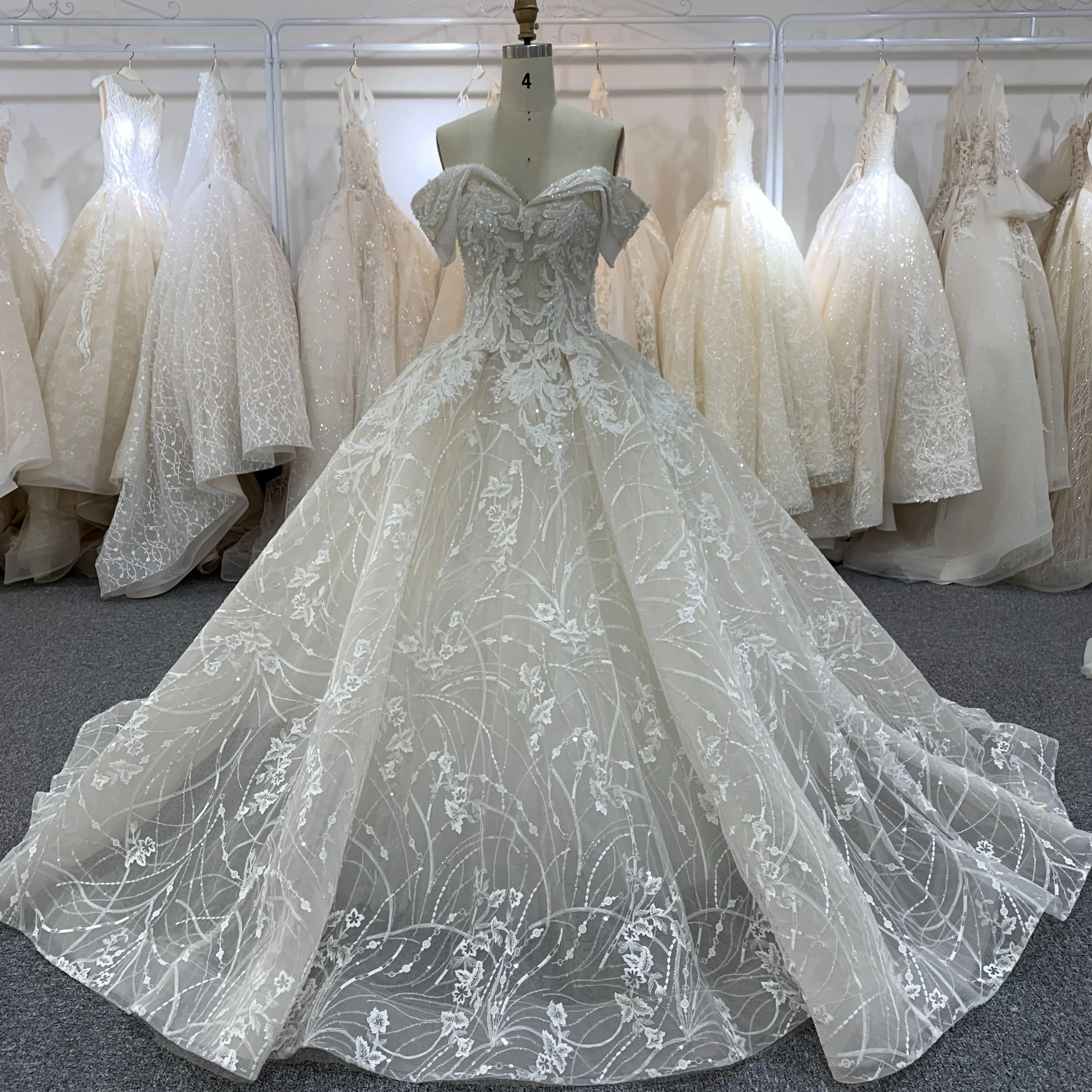 BYG beautiful full lace off the shoulder champagne wedding gown