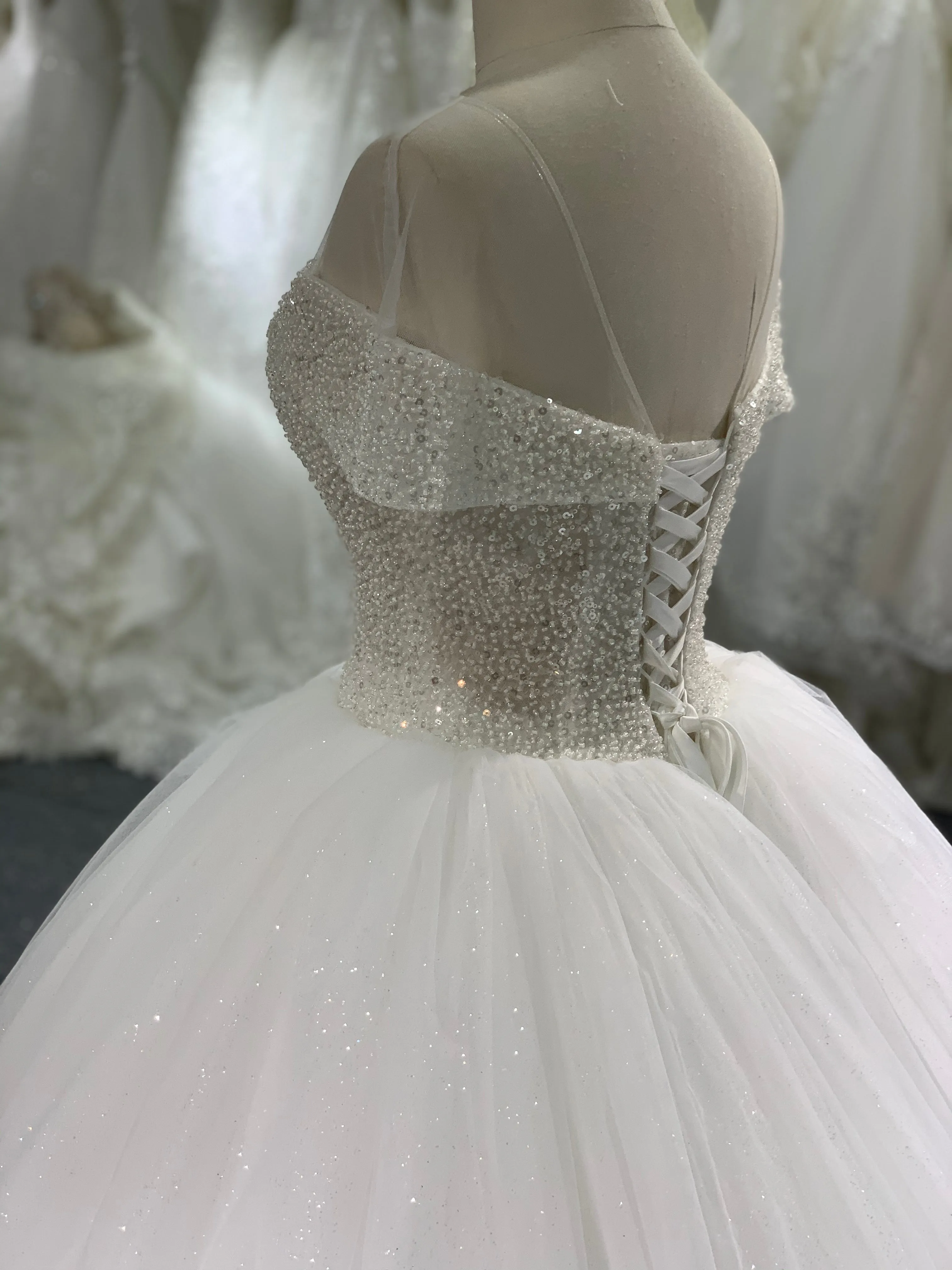 BYG mesh off the shoulder glitter tulle ball gown
