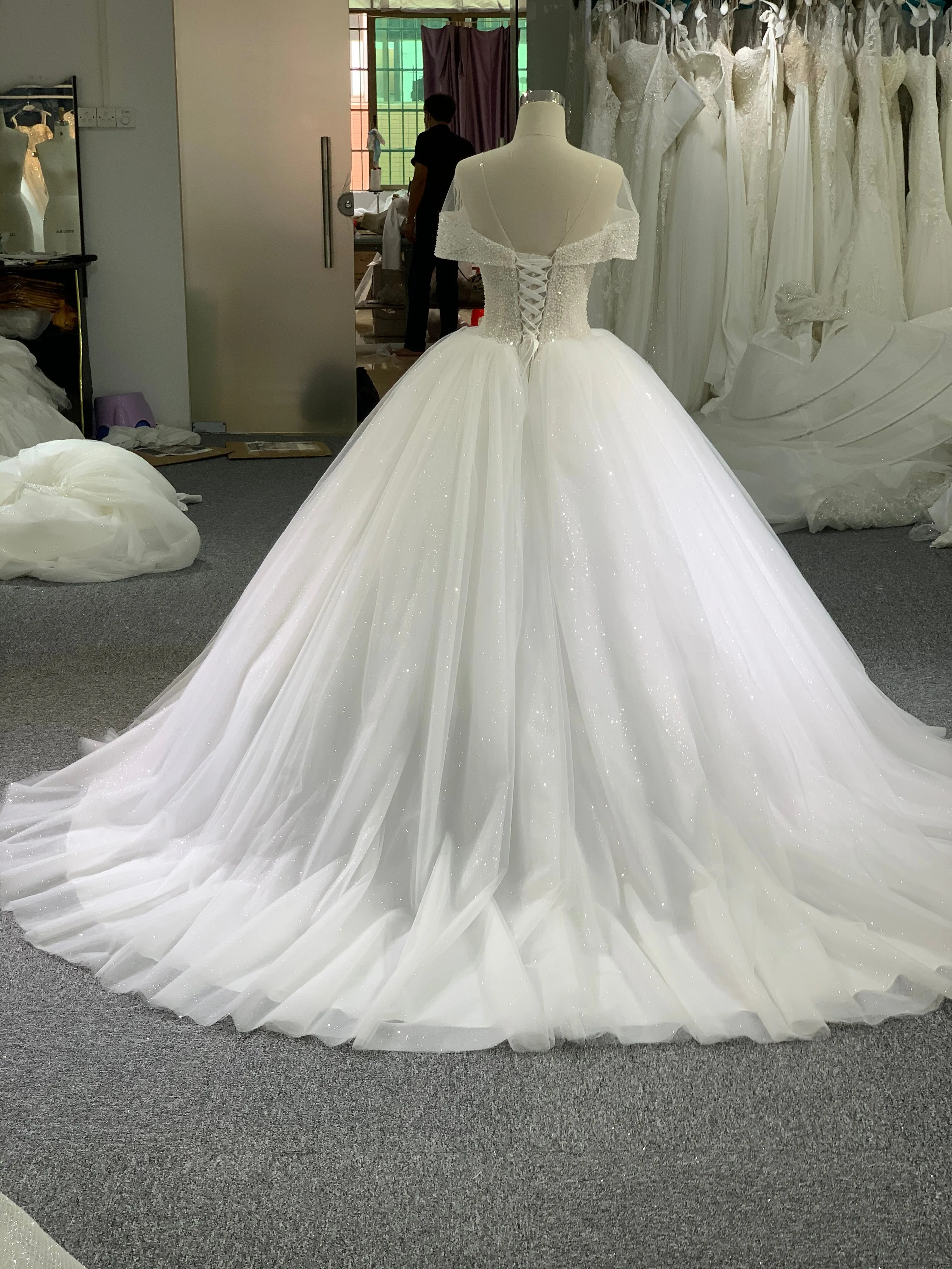 BYG mesh off the shoulder glitter tulle ball gown