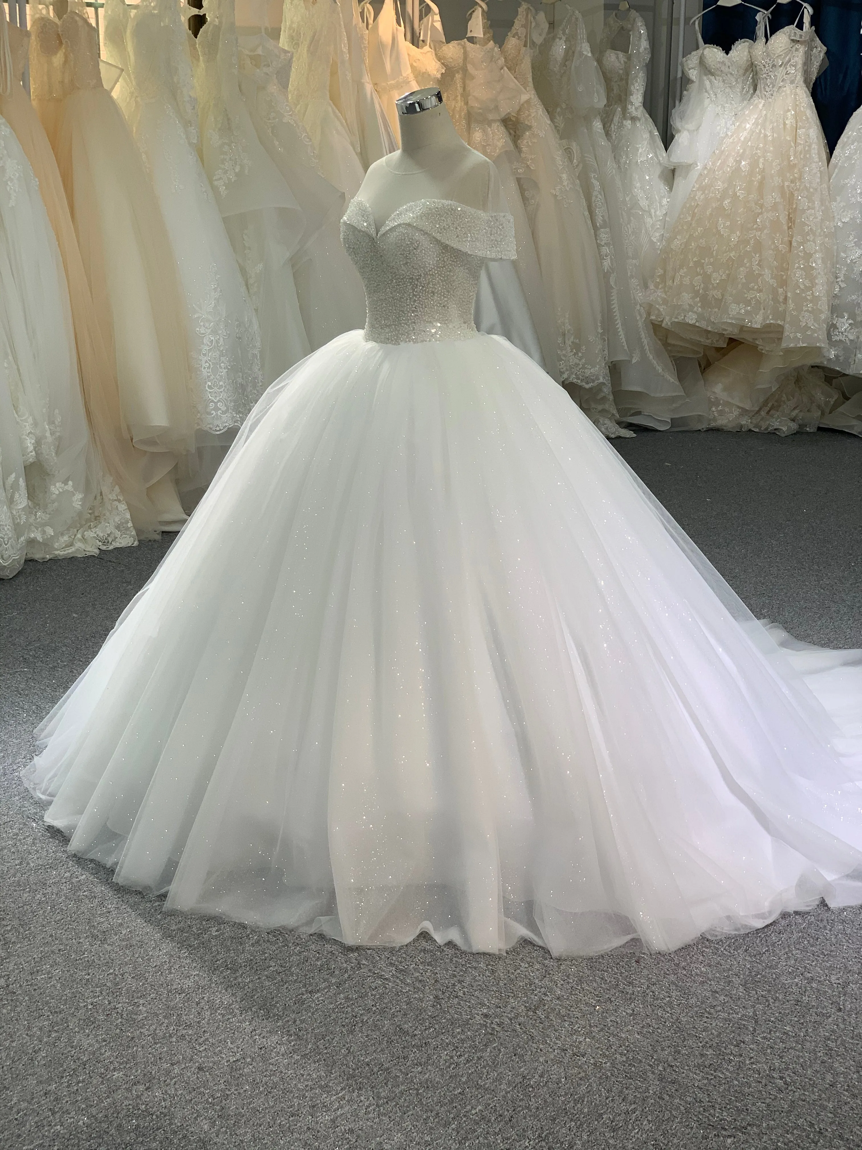 BYG mesh off the shoulder glitter tulle ball gown