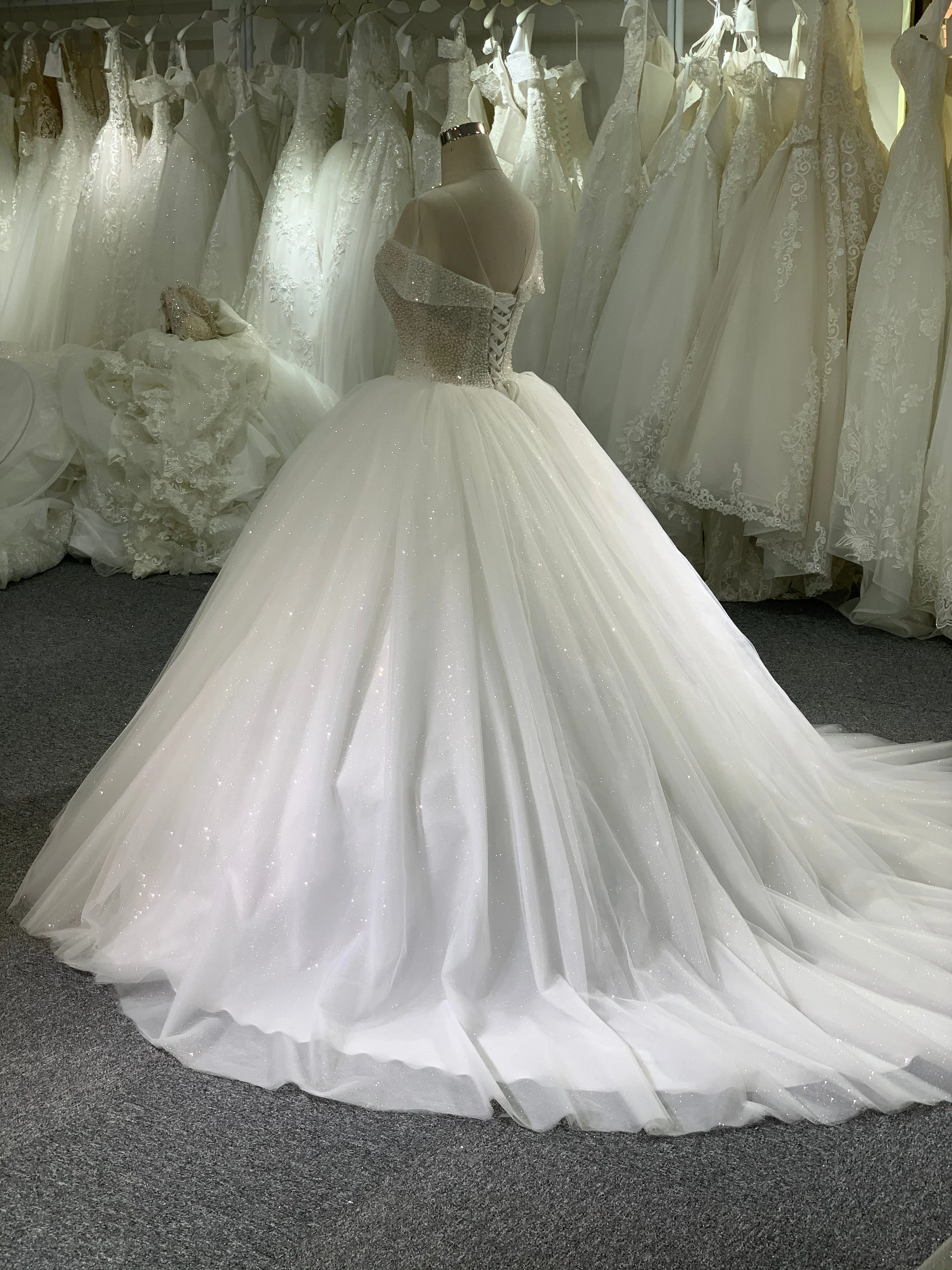 BYG mesh off the shoulder glitter tulle ball gown