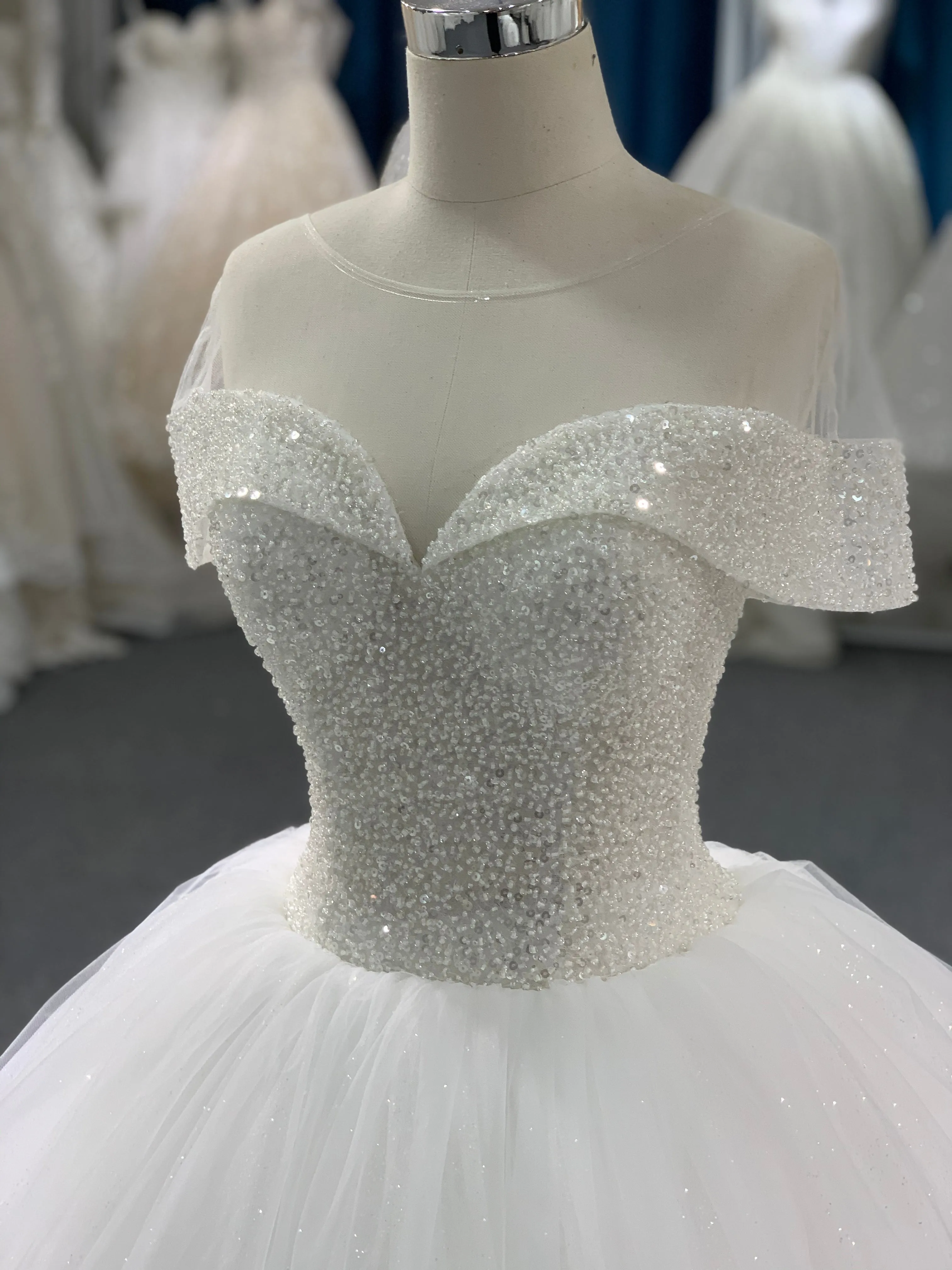 BYG mesh off the shoulder glitter tulle ball gown