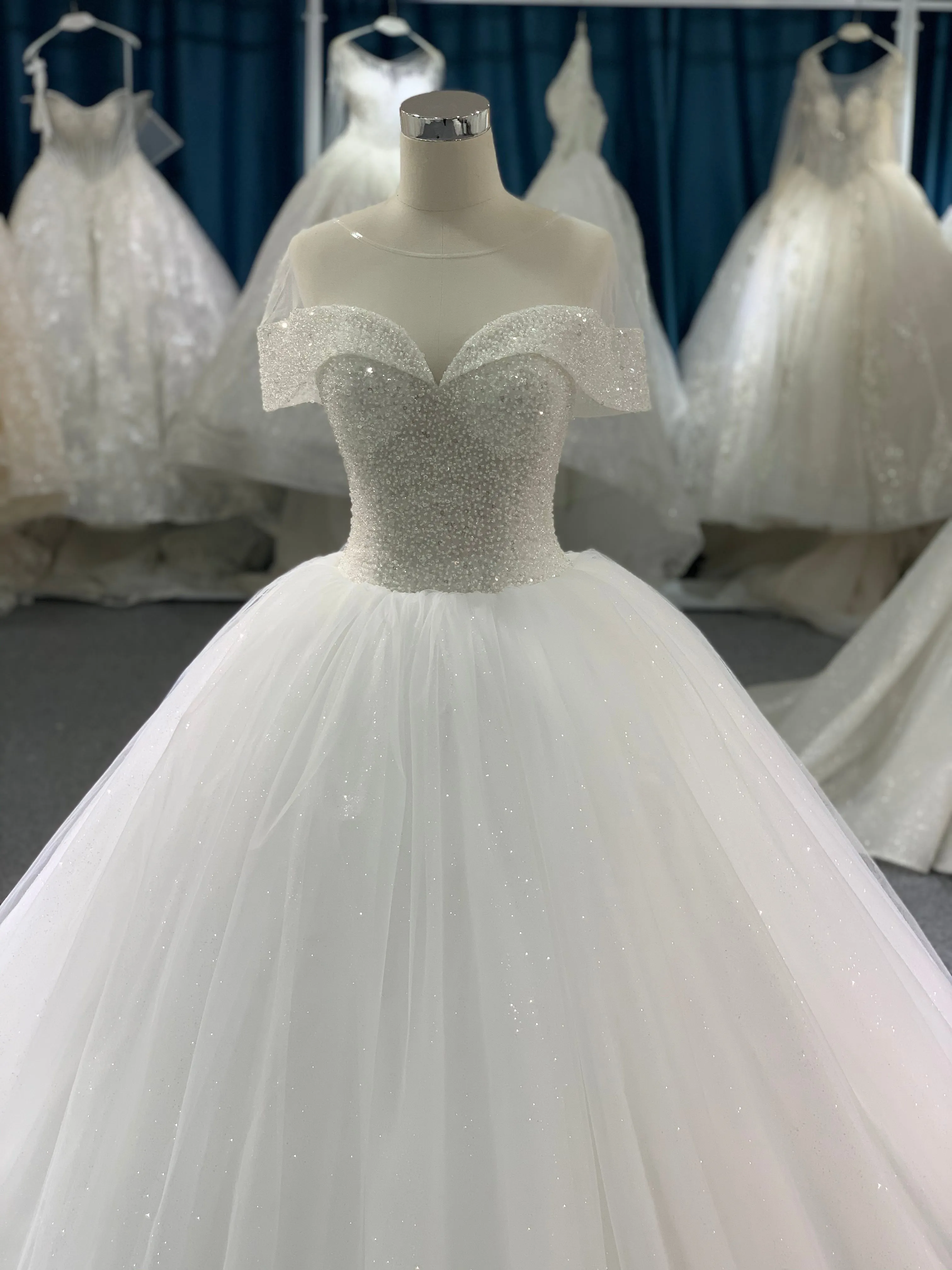BYG mesh off the shoulder glitter tulle ball gown