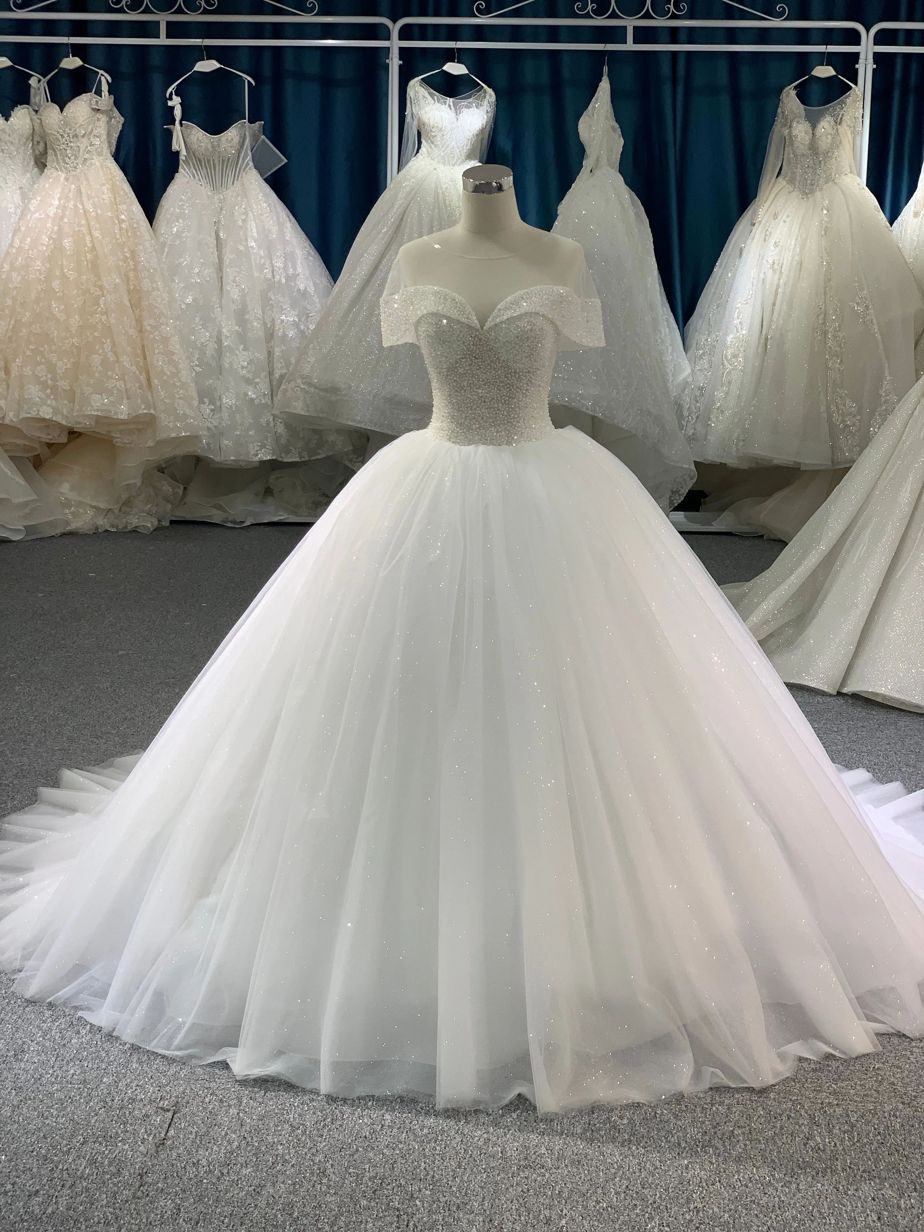 BYG mesh off the shoulder glitter tulle ball gown