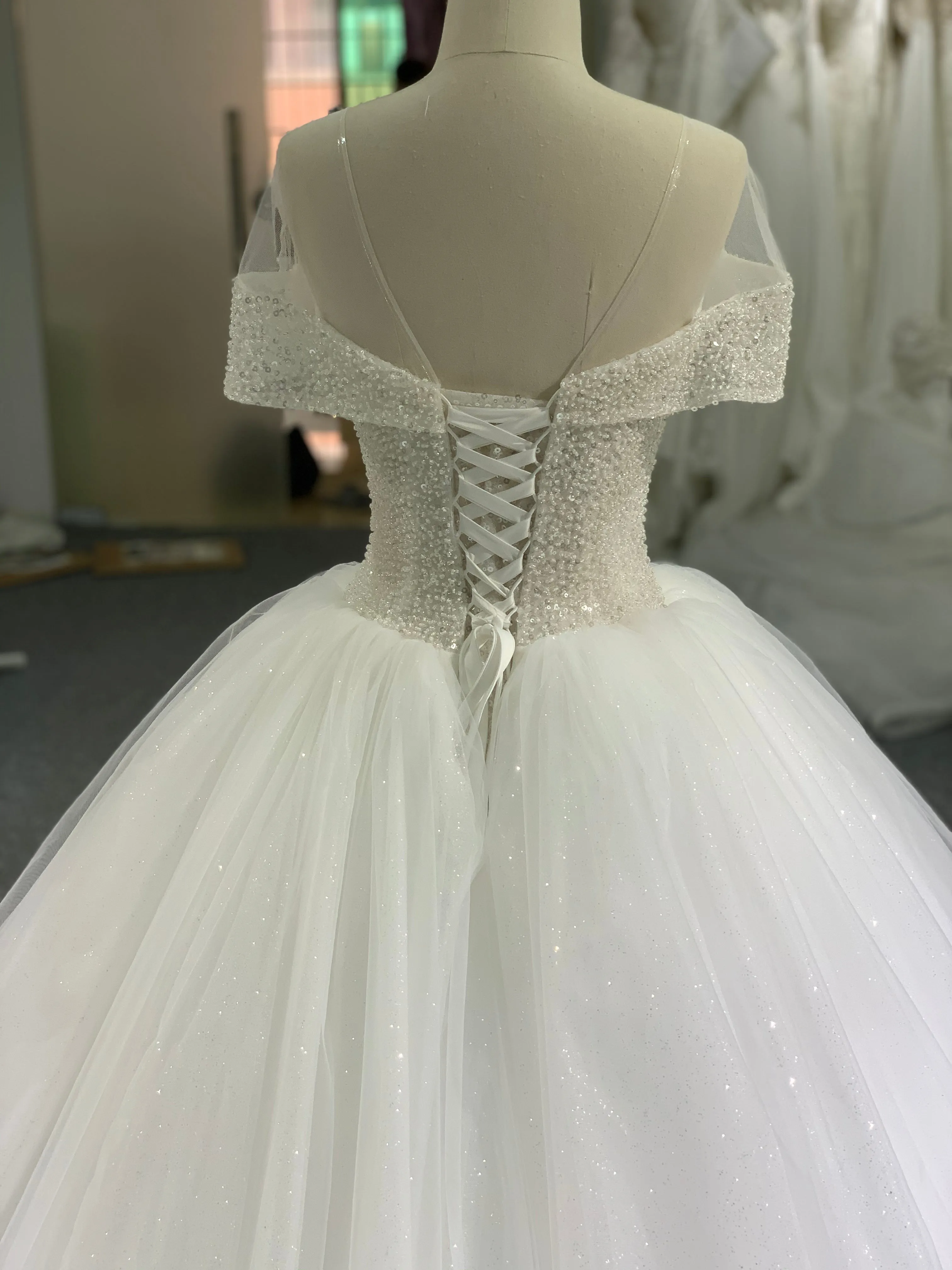 BYG mesh off the shoulder glitter tulle ball gown