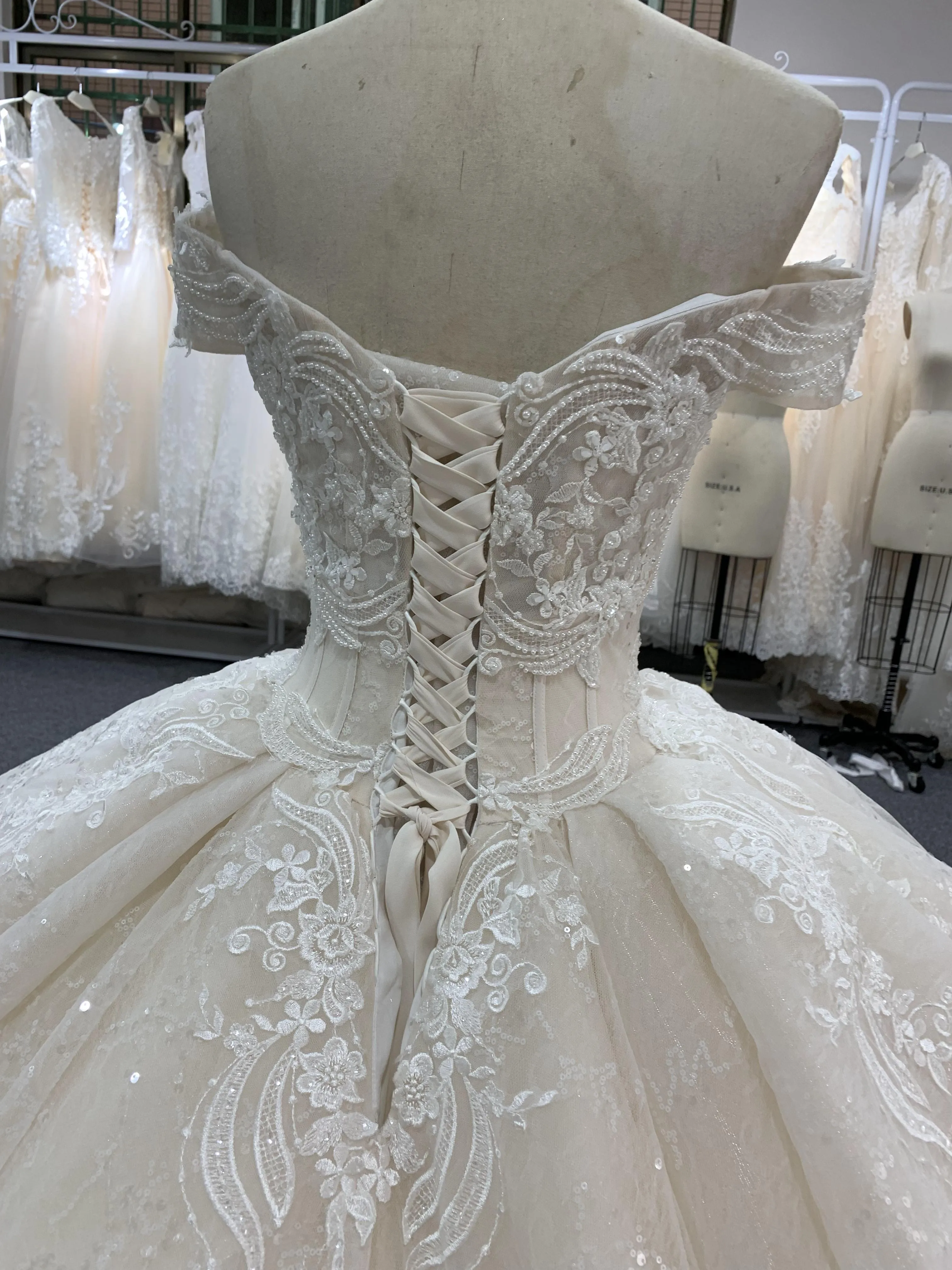 BYG off the shoulder champagne color puffy wedding dress