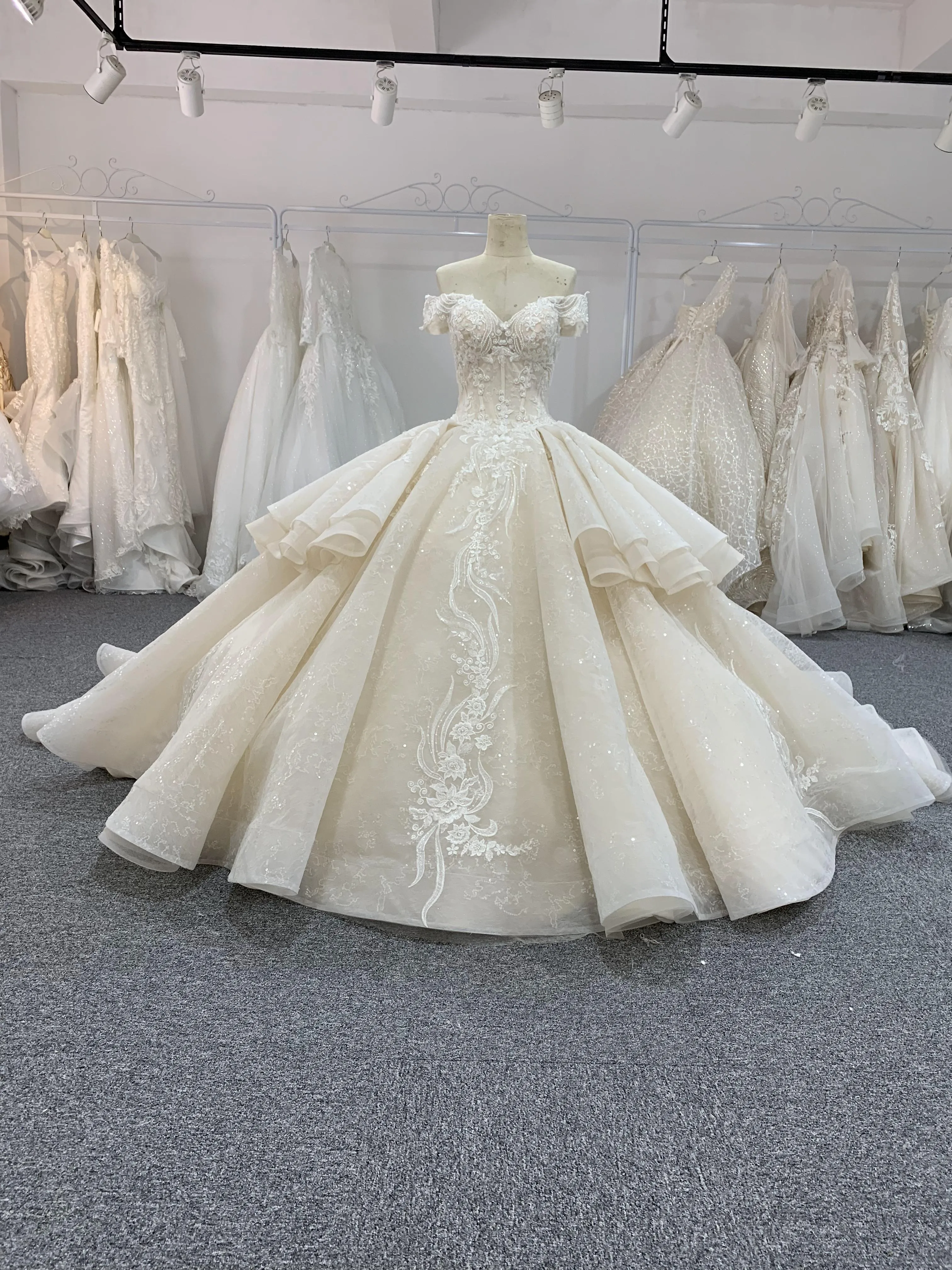 BYG off the shoulder champagne color puffy wedding dress