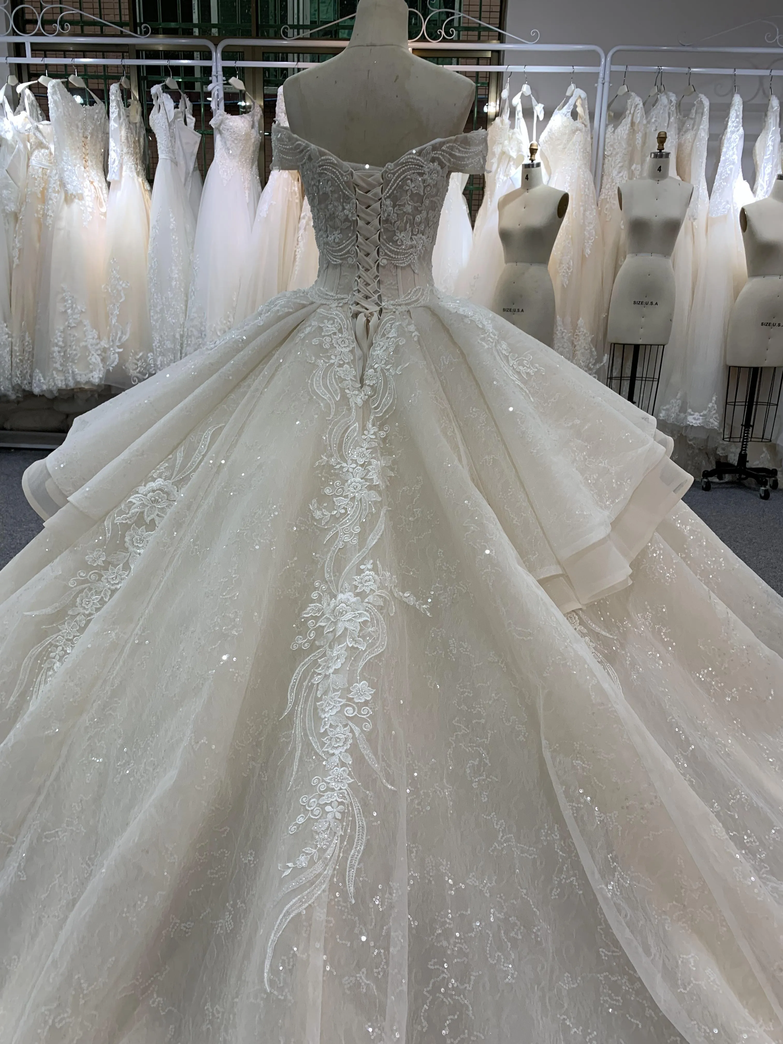BYG off the shoulder champagne color puffy wedding dress