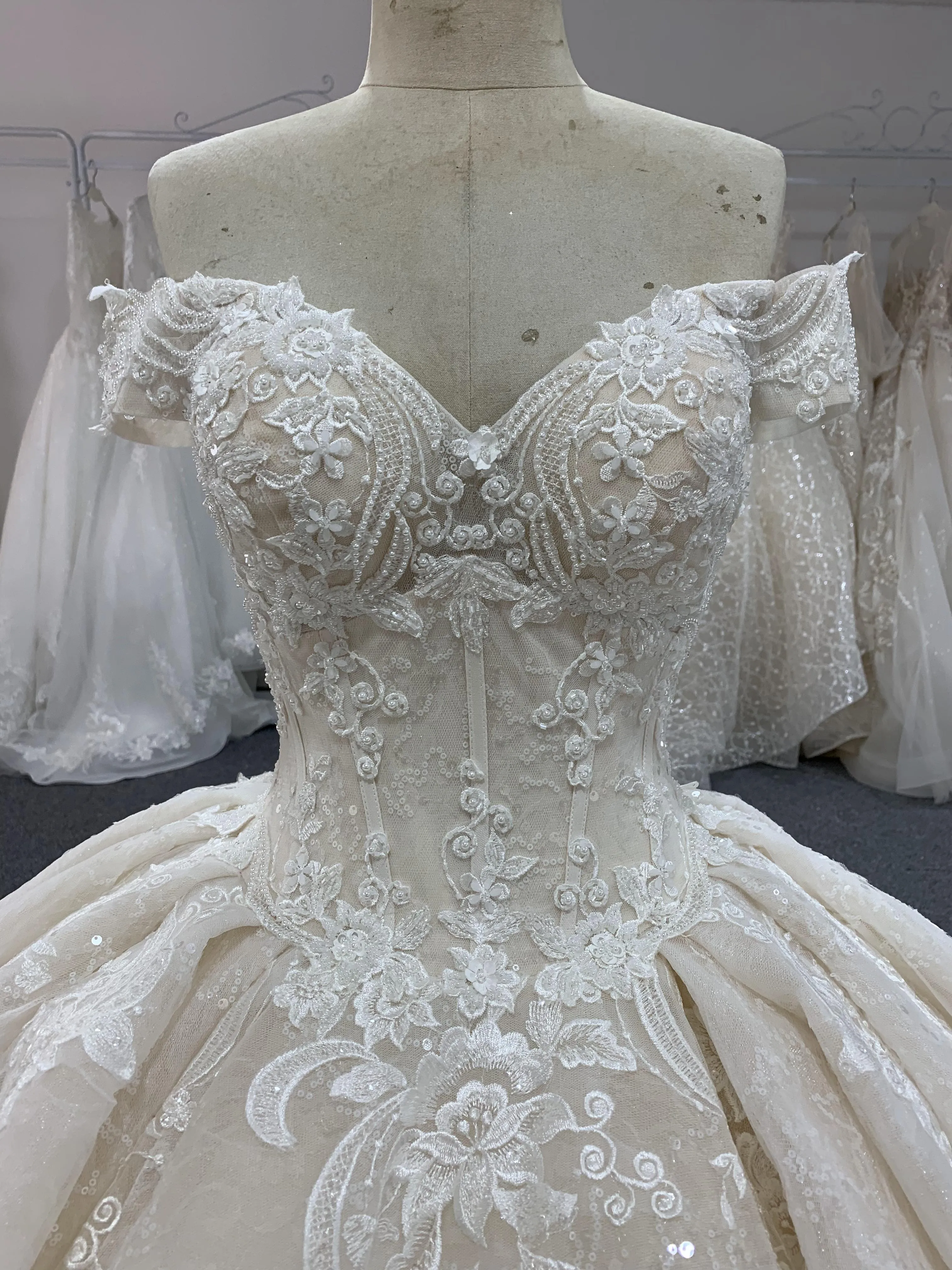 BYG off the shoulder champagne color puffy wedding dress
