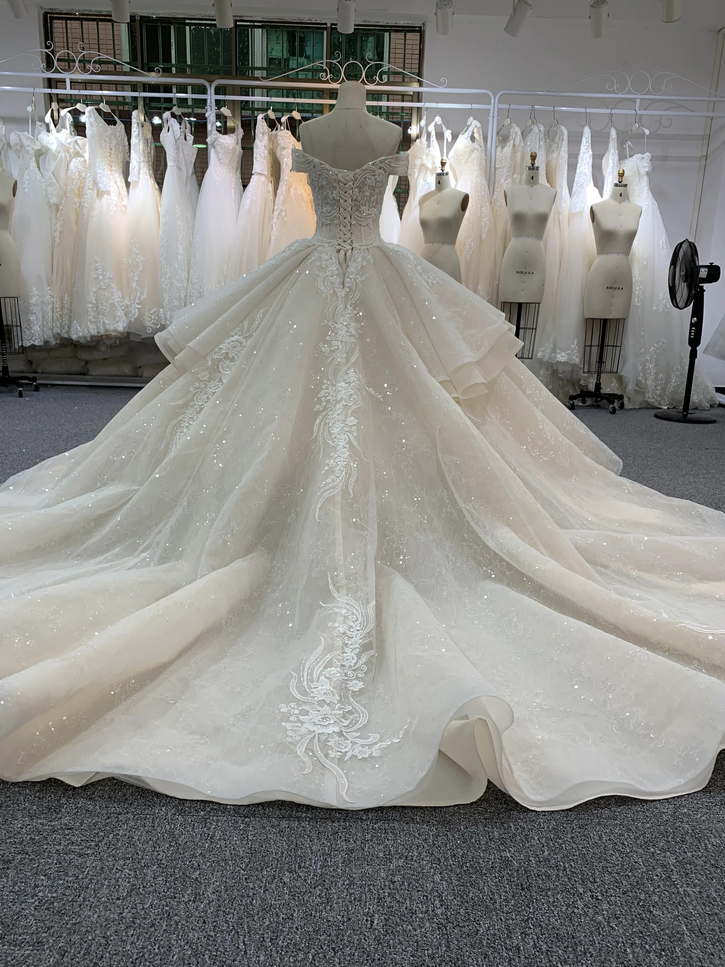 BYG off the shoulder champagne color puffy wedding dress