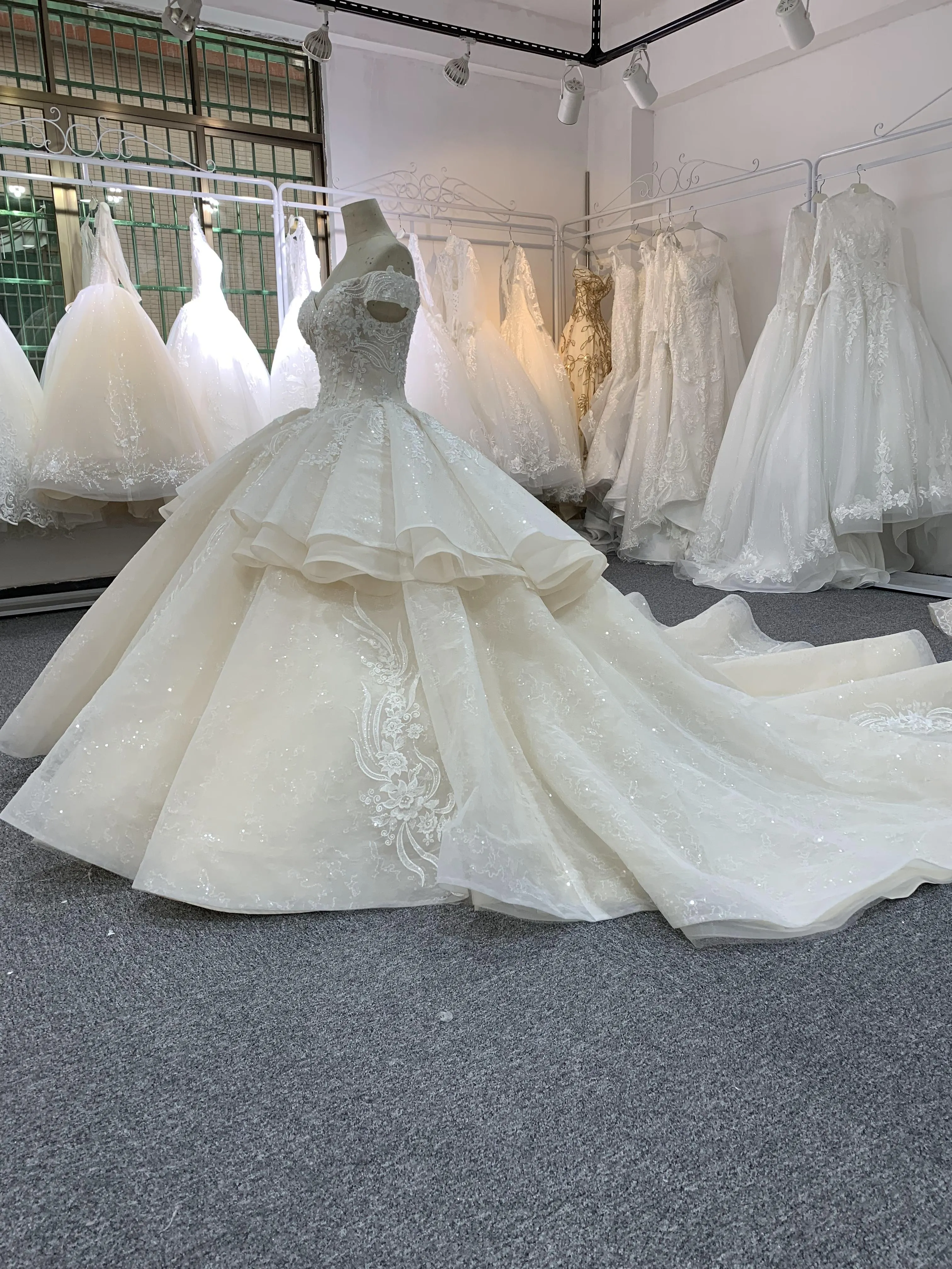 BYG off the shoulder champagne color puffy wedding dress