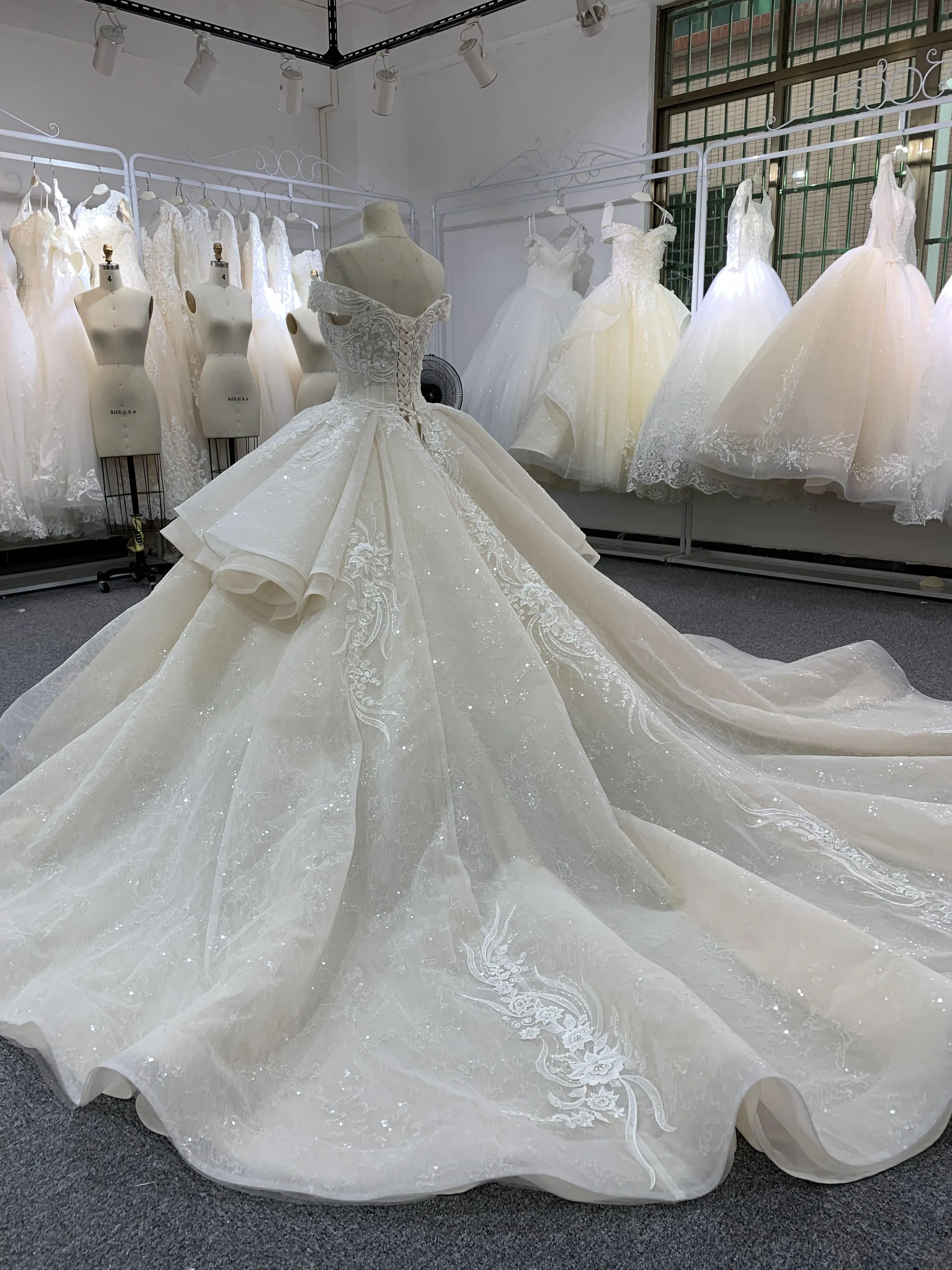 BYG off the shoulder champagne color puffy wedding dress