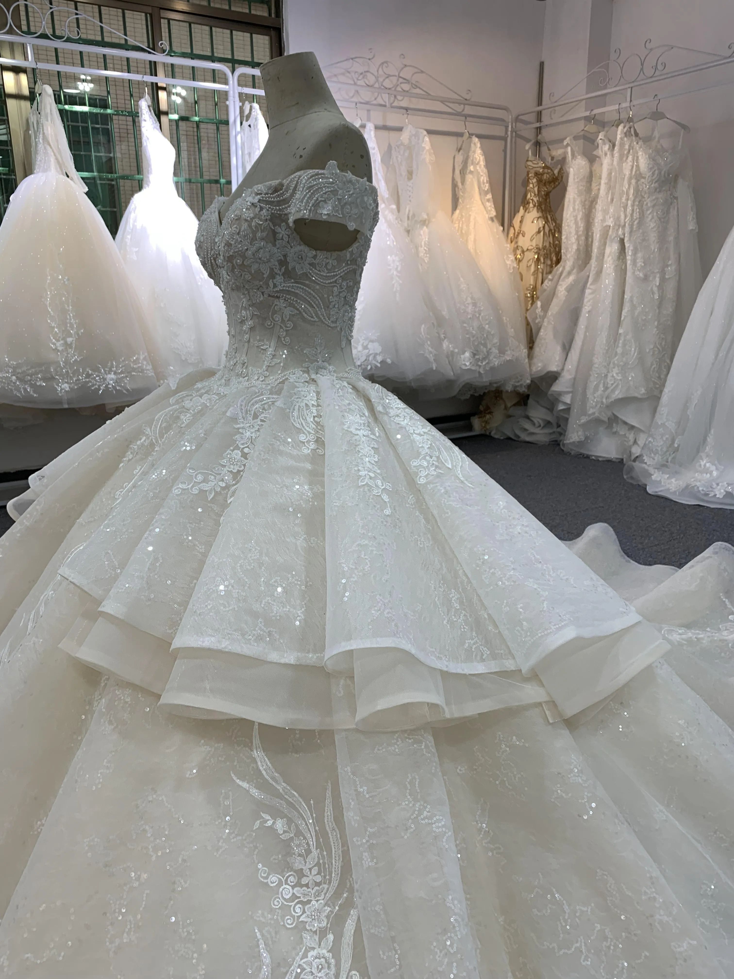 BYG off the shoulder champagne color puffy wedding dress