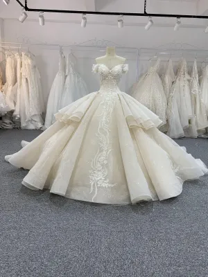 BYG off the shoulder champagne color puffy wedding dress