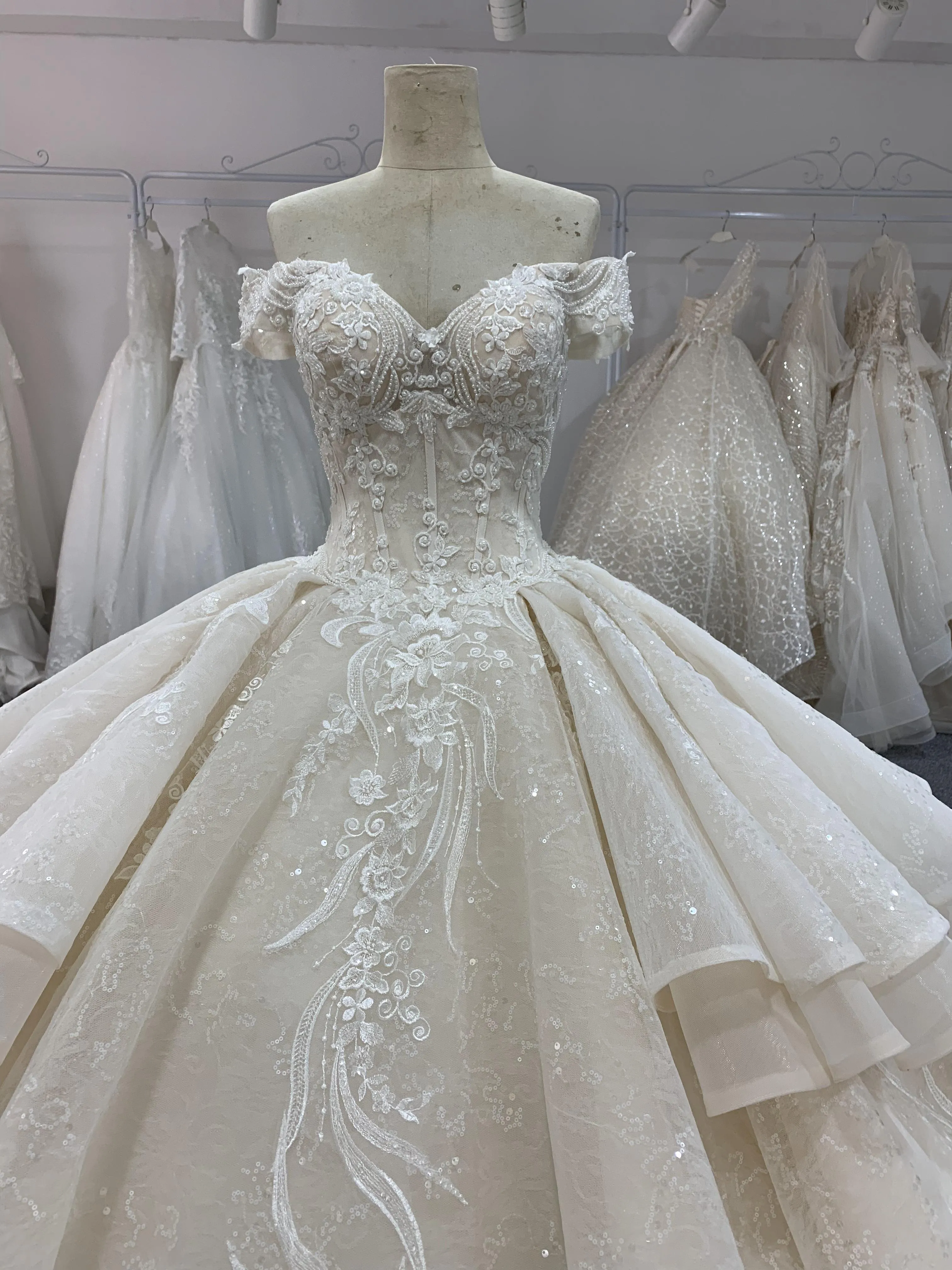 BYG off the shoulder champagne color puffy wedding dress