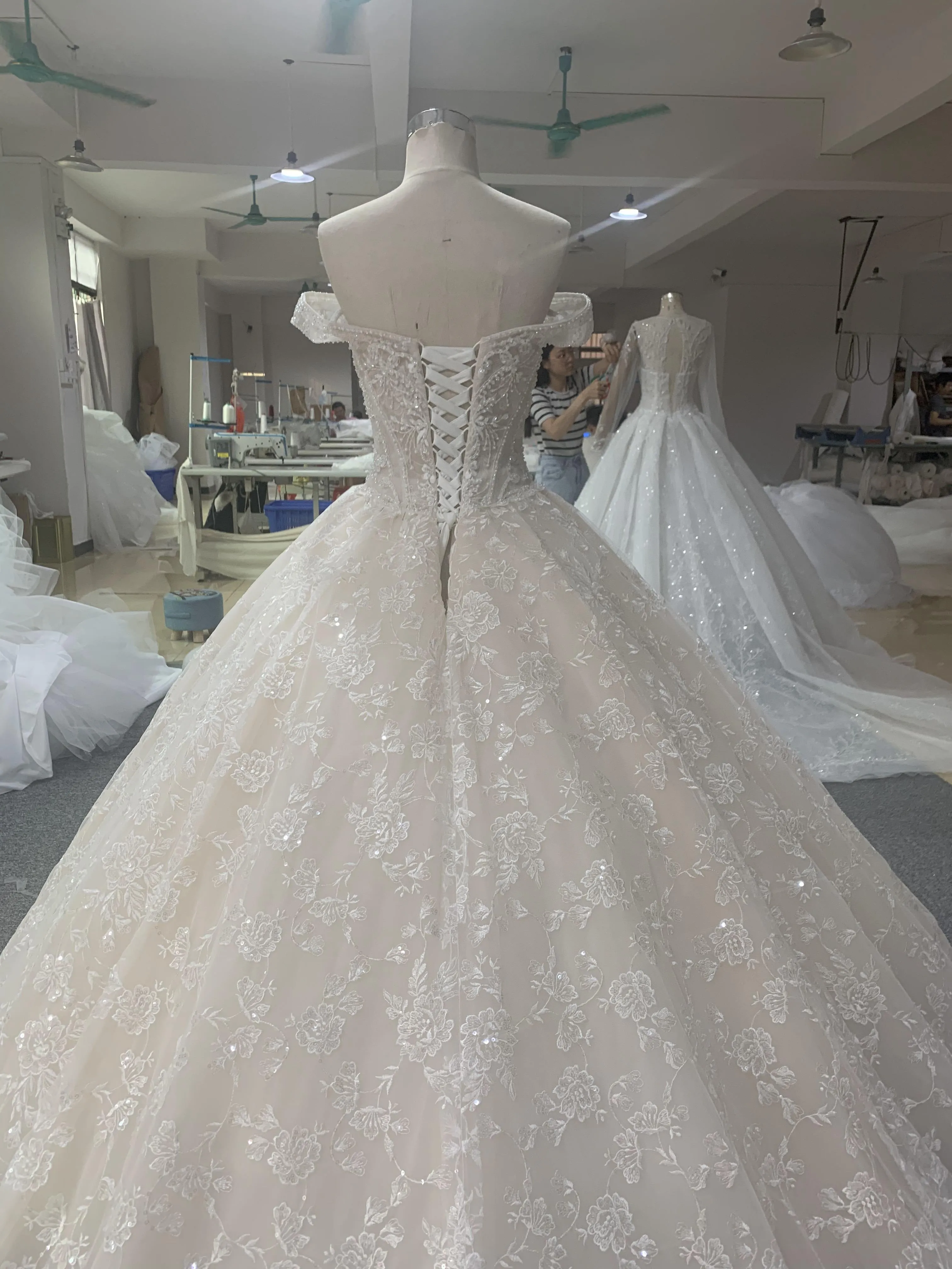 BYG off the shoulder full lace luxury wedding dress champagne color