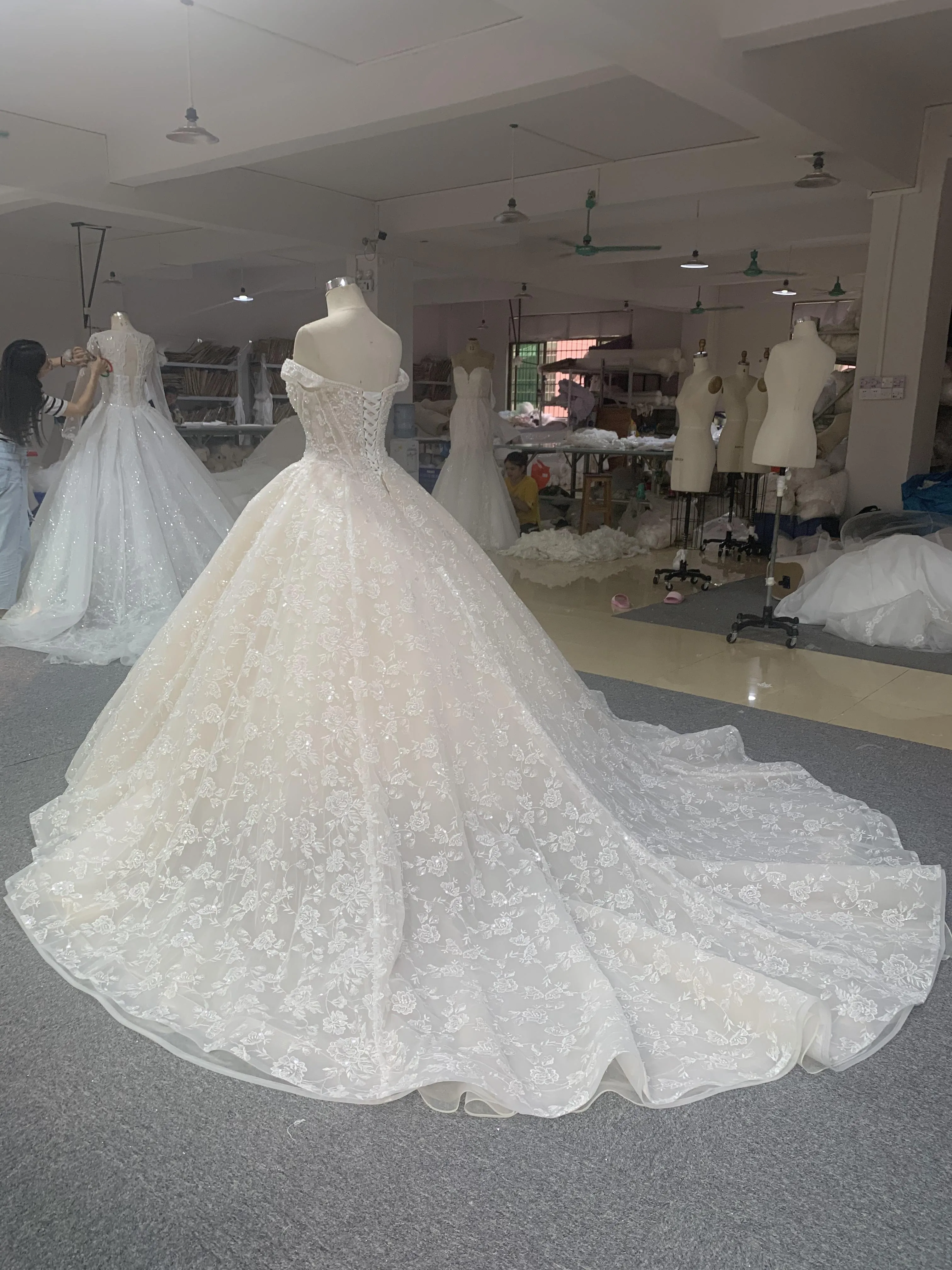BYG off the shoulder full lace luxury wedding dress champagne color