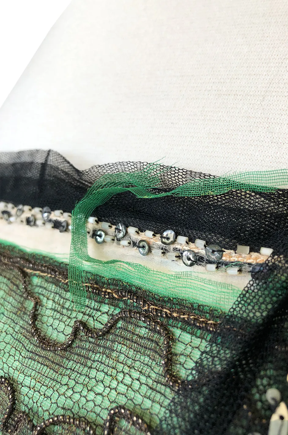 c.1910 Toutmain Paris Hand Beaded & Sequin Black Silk & Net Trained Gown