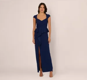 Cap Sleeve Draped Peplum Gown In Navy Sateen