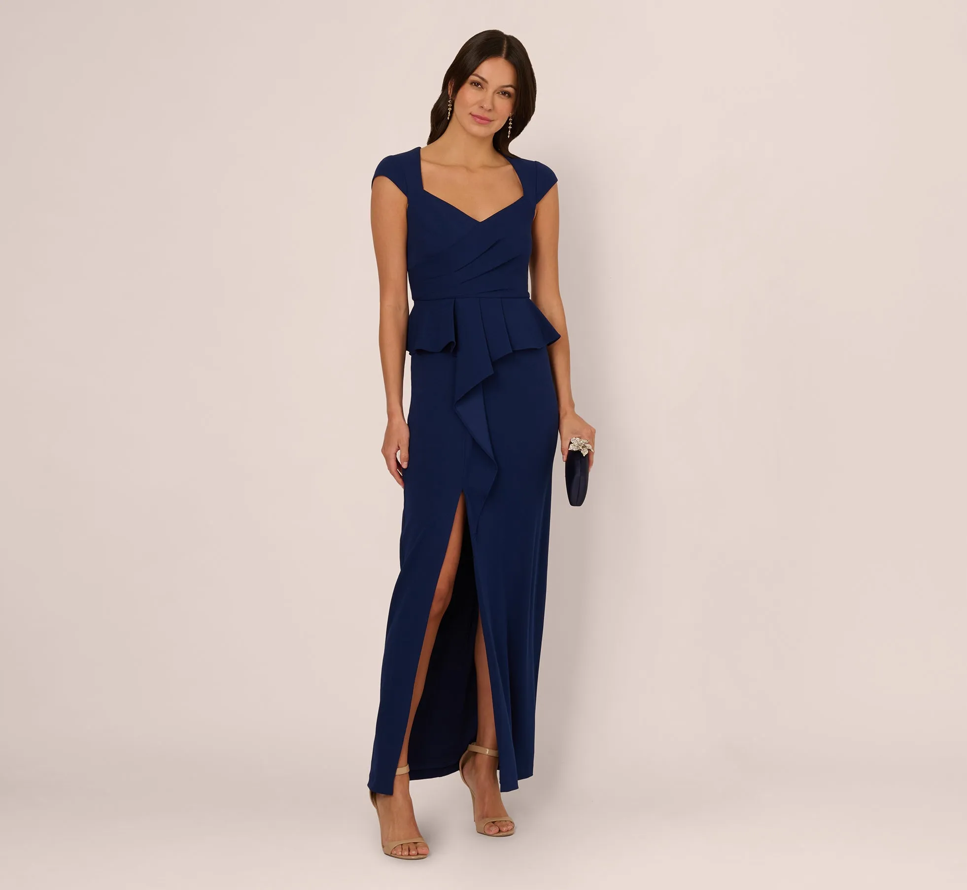 Cap Sleeve Draped Peplum Gown In Navy Sateen