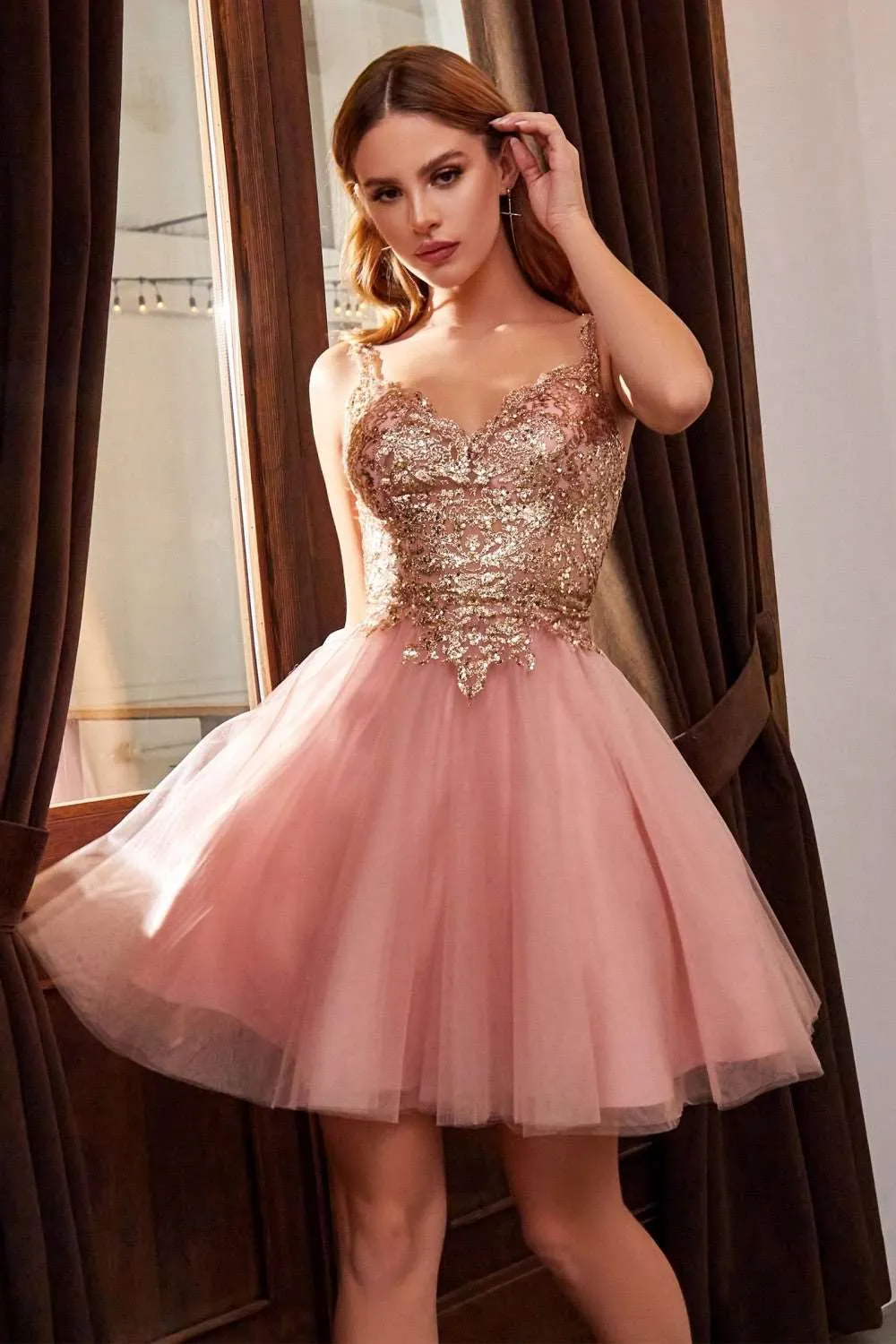 CD 9239 - Short A-Line Homecoming Dress with Glitter Embellished V-Neck Bodice & Layered Tulle Skirt