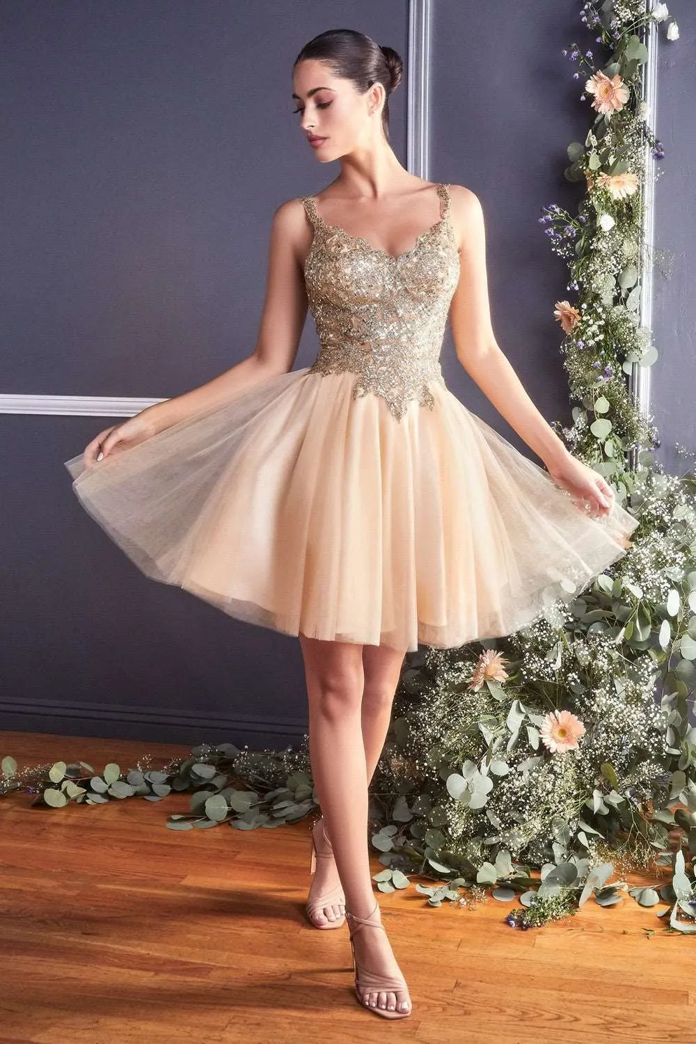 CD 9239 - Short A-Line Homecoming Dress with Glitter Embellished V-Neck Bodice & Layered Tulle Skirt
