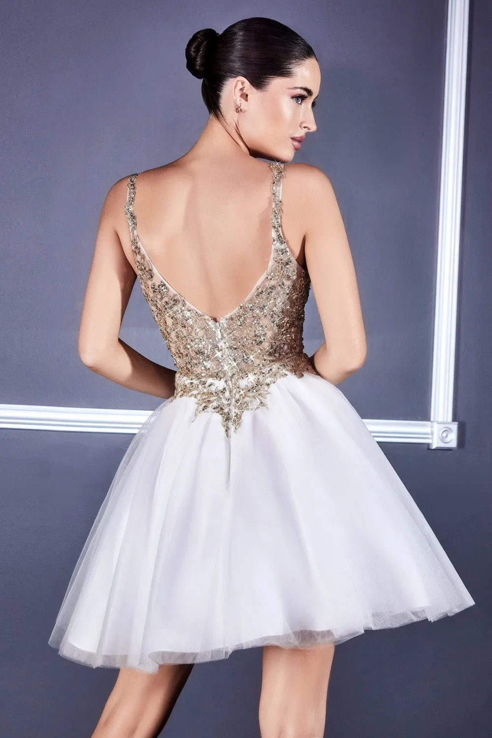 CD 9239 - Short A-Line Homecoming Dress with Glitter Embellished V-Neck Bodice & Layered Tulle Skirt